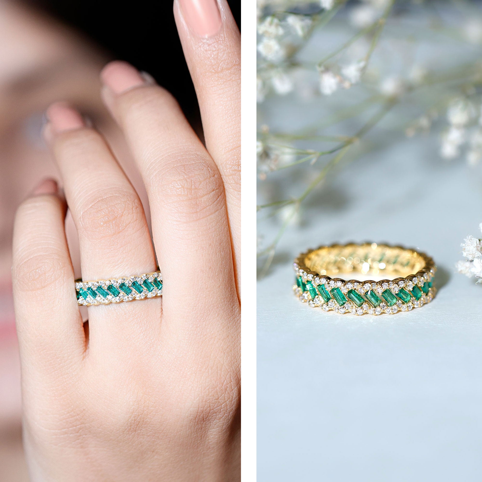 Certified Baguette Lab Grown Emerald Braided Wedding Band with Moissanite AAAA - Rosec Jewels