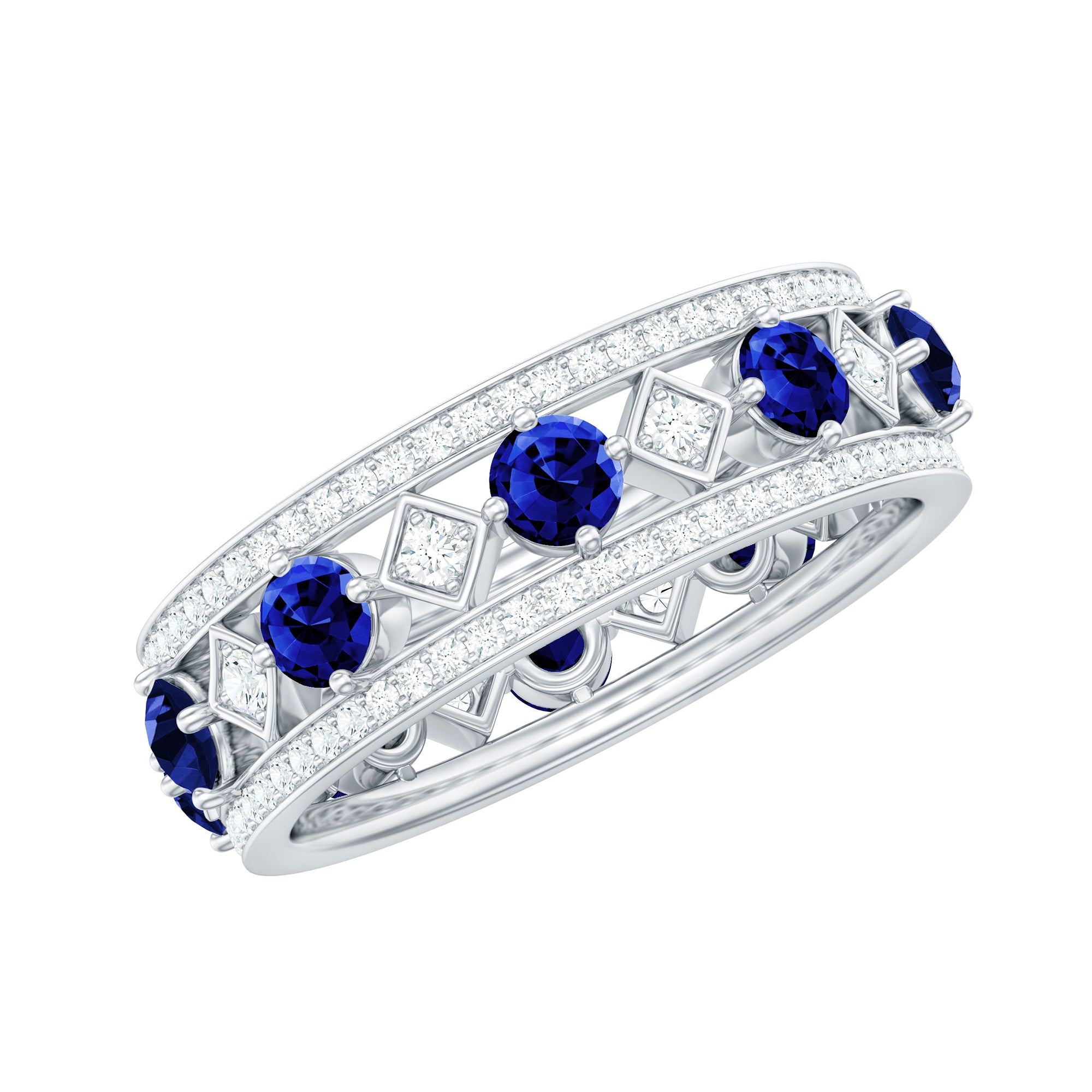 Lab Created Blue Sapphire and Diamond Full Eternity Band Ring AAAA - Rosec Jewels