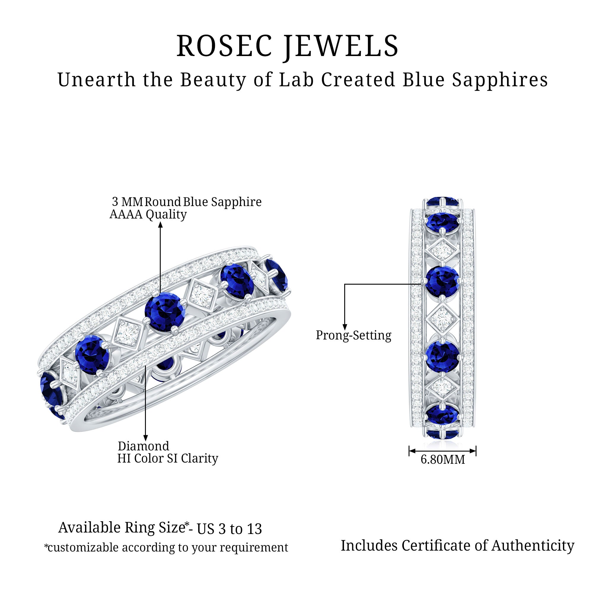 Lab Created Blue Sapphire and Diamond Full Eternity Band Ring AAAA - Rosec Jewels