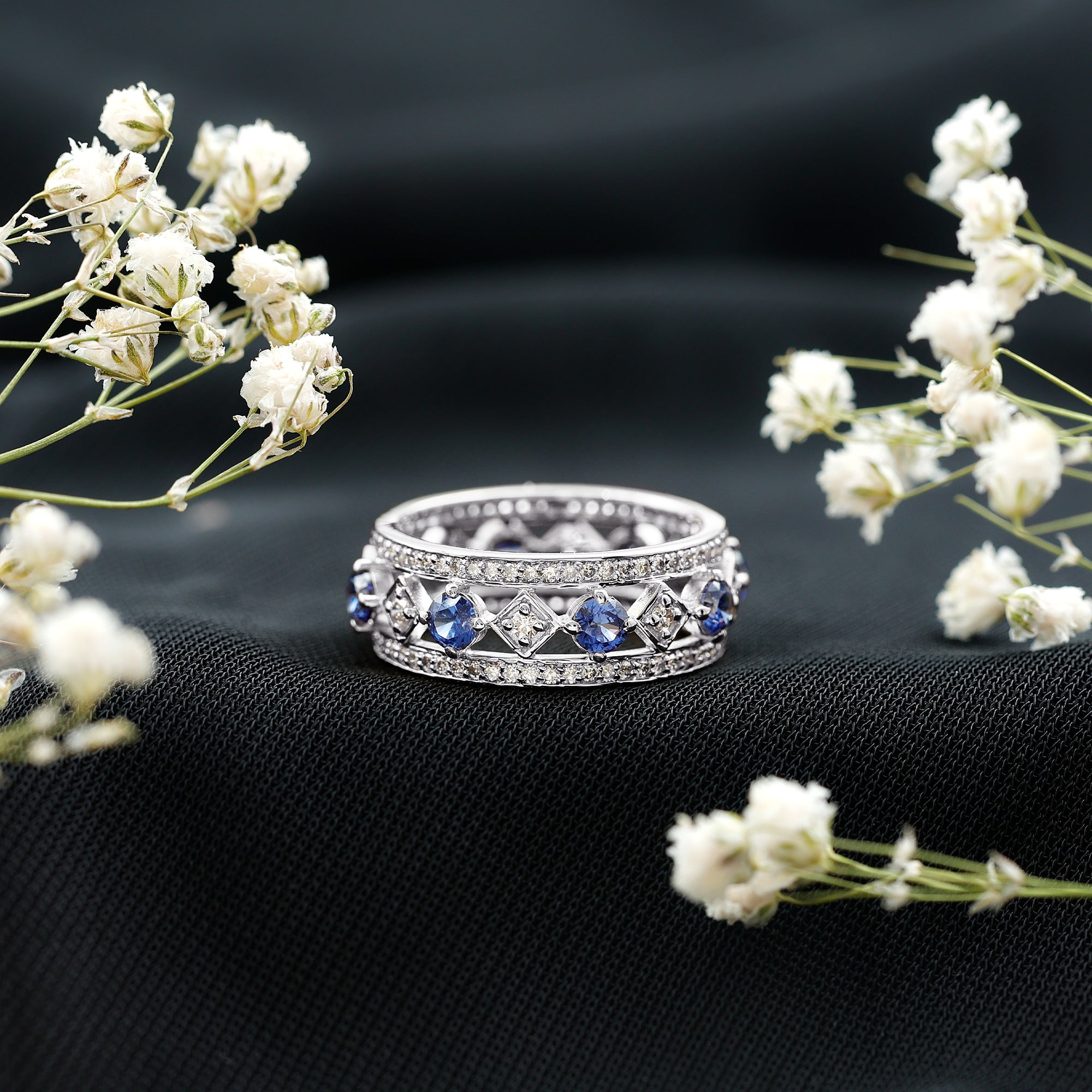 Lab Created Blue Sapphire and Diamond Full Eternity Band Ring AAAA - Rosec Jewels
