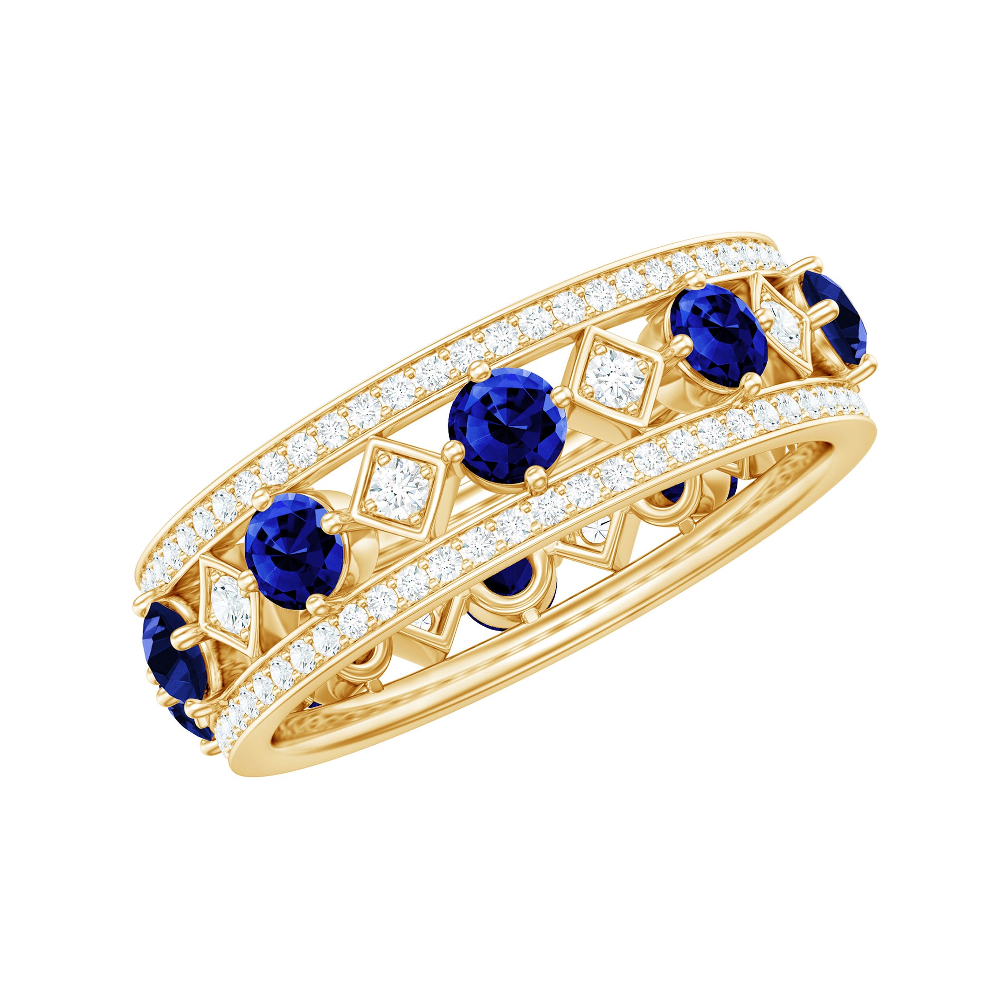 Lab Created Blue Sapphire and Diamond Full Eternity Band Ring AAAA - Rosec Jewels