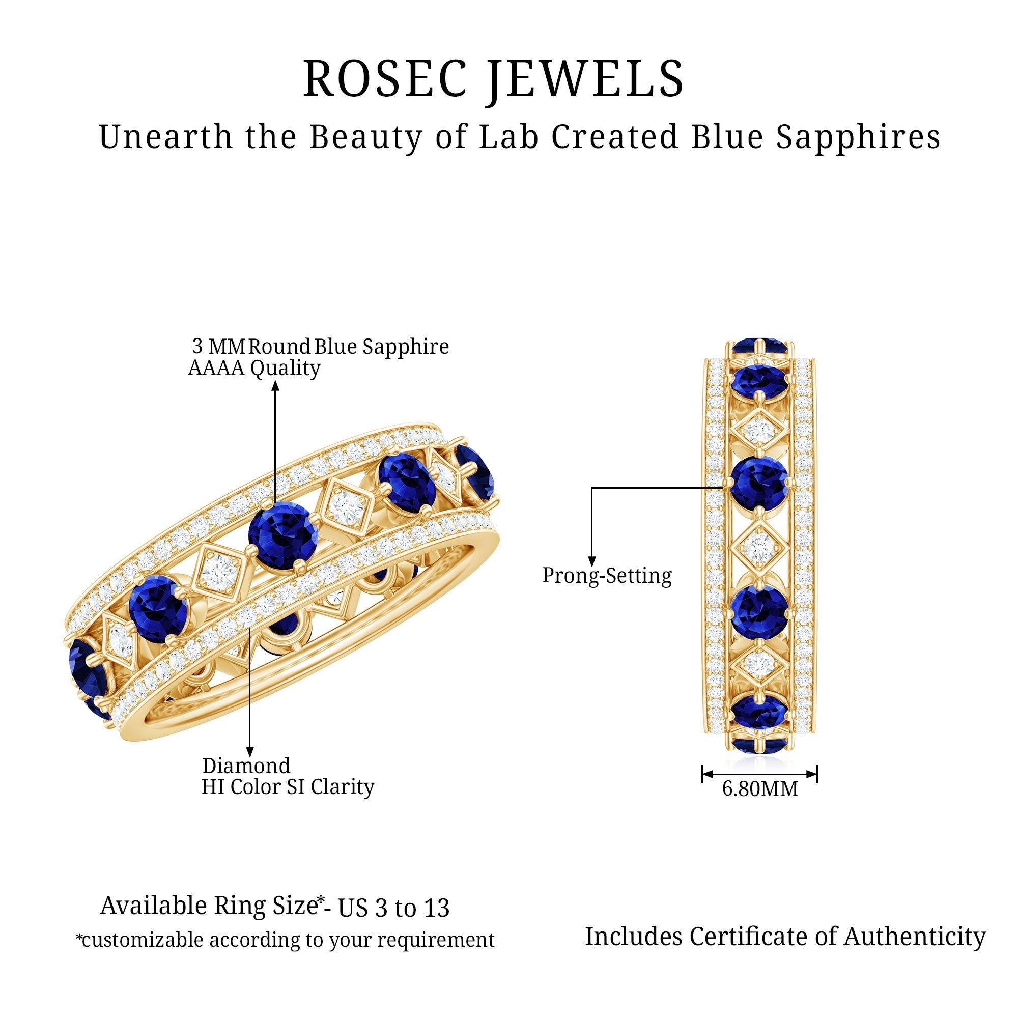 Lab Created Blue Sapphire and Diamond Full Eternity Band Ring AAAA - Rosec Jewels