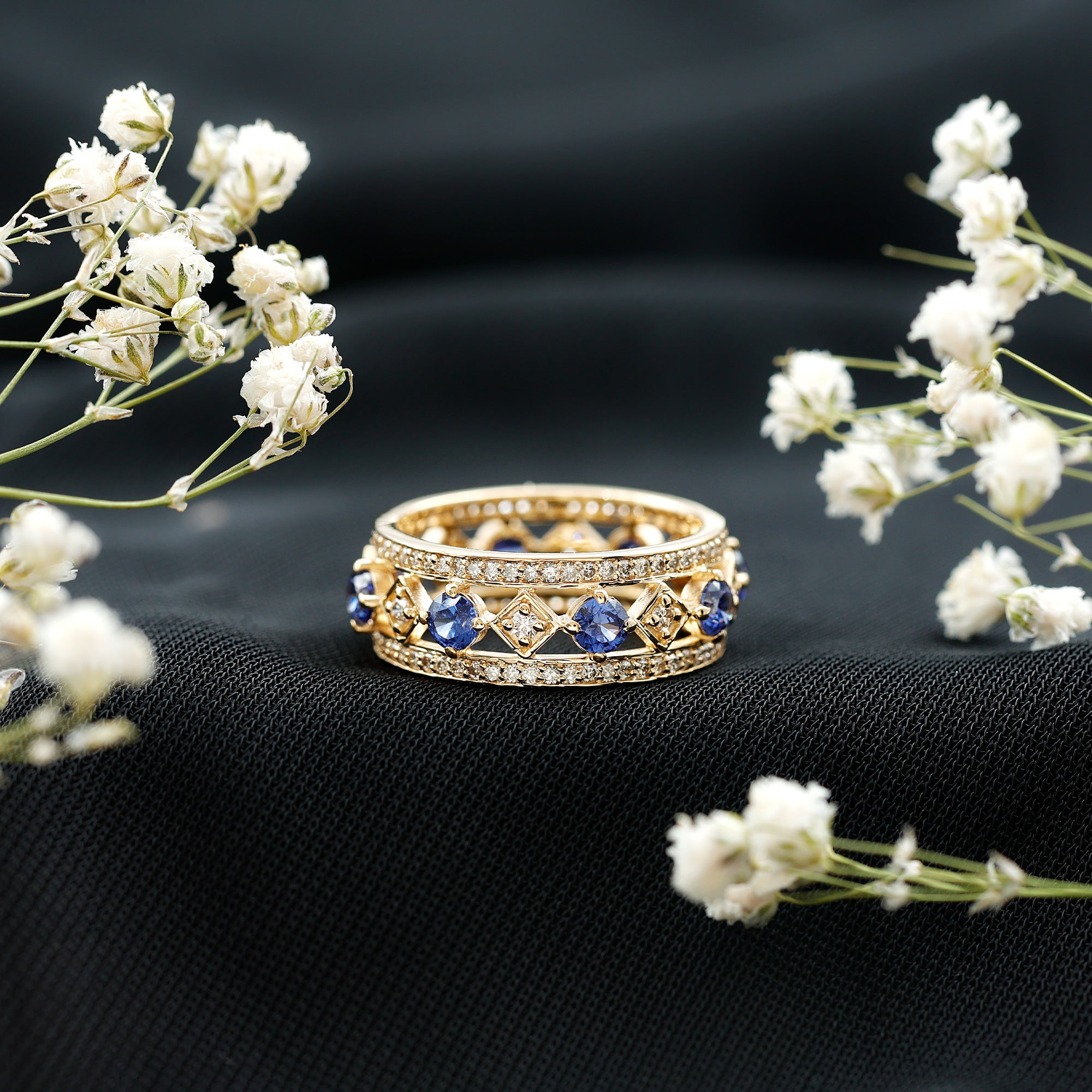 Lab Created Blue Sapphire and Diamond Full Eternity Band Ring AAAA - Rosec Jewels