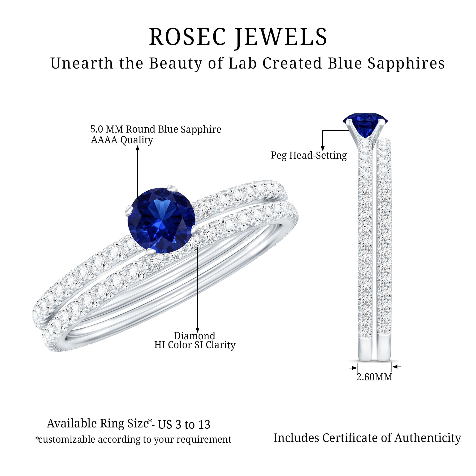 Certified 0.6 Carat Lab Grown Blue Sapphire Engagement Ring Set with Diamond AAAA - Rosec Jewels