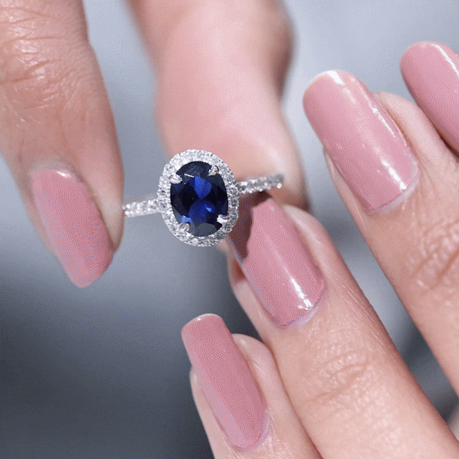 Certified 1.5 Carat Oval Lab Grown Blue Sapphire Engagement Ring with Diamond Halo AAAA - Rosec Jewels