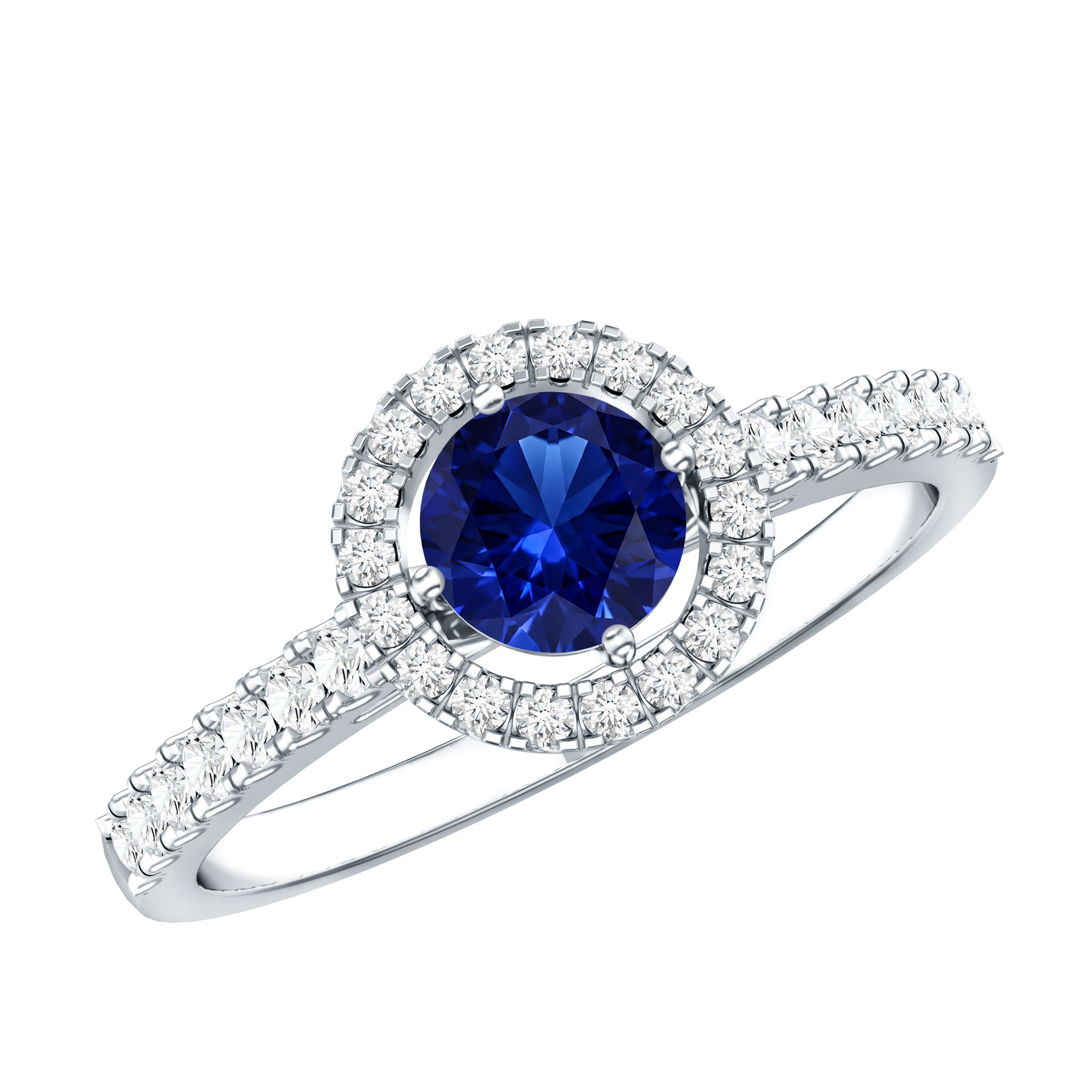 Certified 0.6 Carat Lab Grown Blue Sapphire Diamond Engagement Ring with Halo AAAA - Rosec Jewels