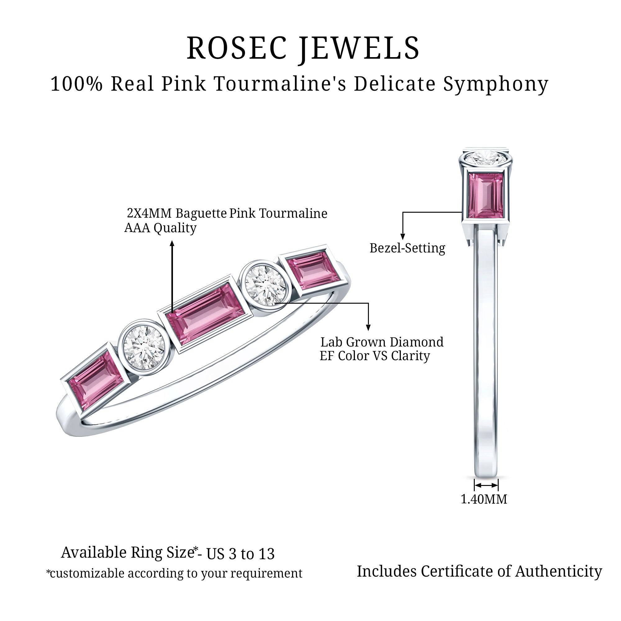 Pink Tourmaline and Diamond Stackable Ring in Bezel Setting AAA - Rosec Jewels