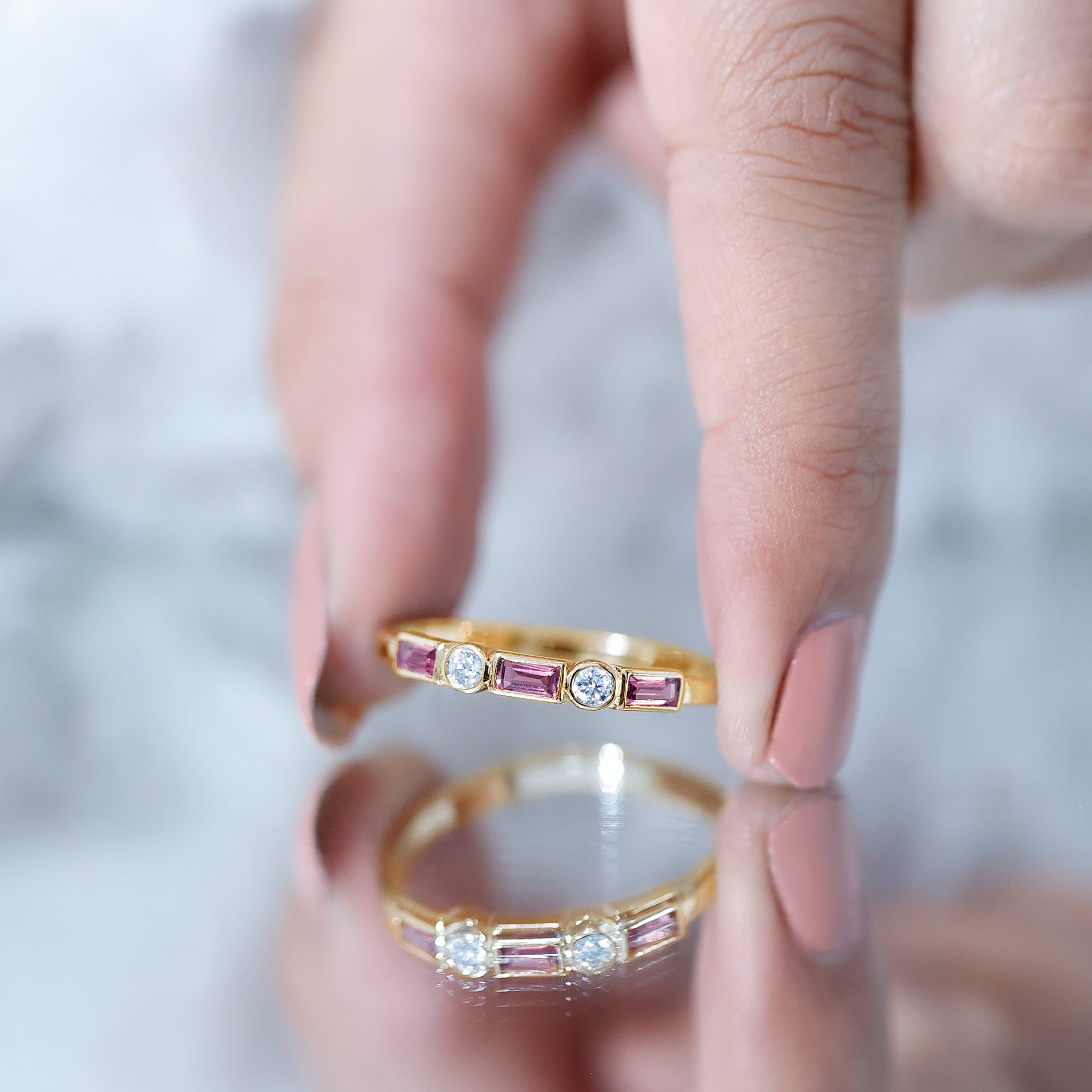 Pink Tourmaline and Diamond Stackable Ring in Bezel Setting AAA - Rosec Jewels