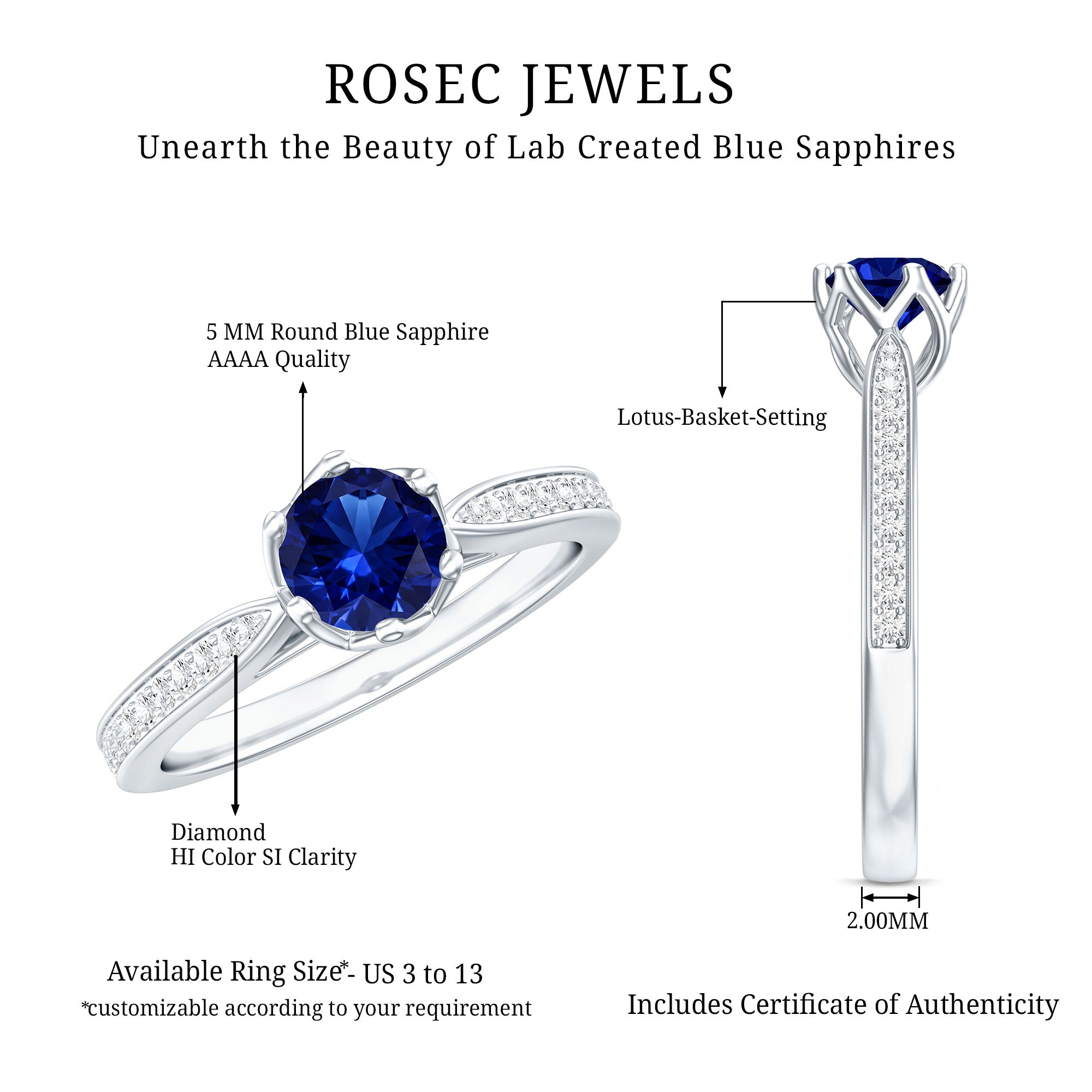 Certified Lab Created Blue Sapphire Minimal Engagement Ring with Diamond Side Stones AAAA - Rosec Jewels