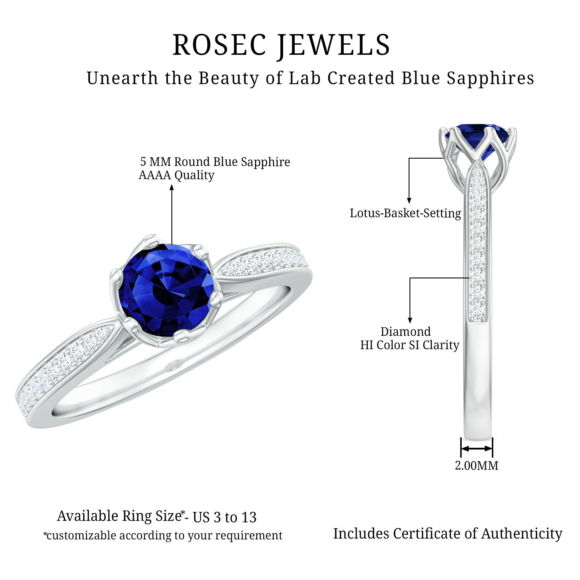 Certified Lab Created Blue Sapphire Minimal Engagement Ring with Diamond Side Stones AAAA - Rosec Jewels