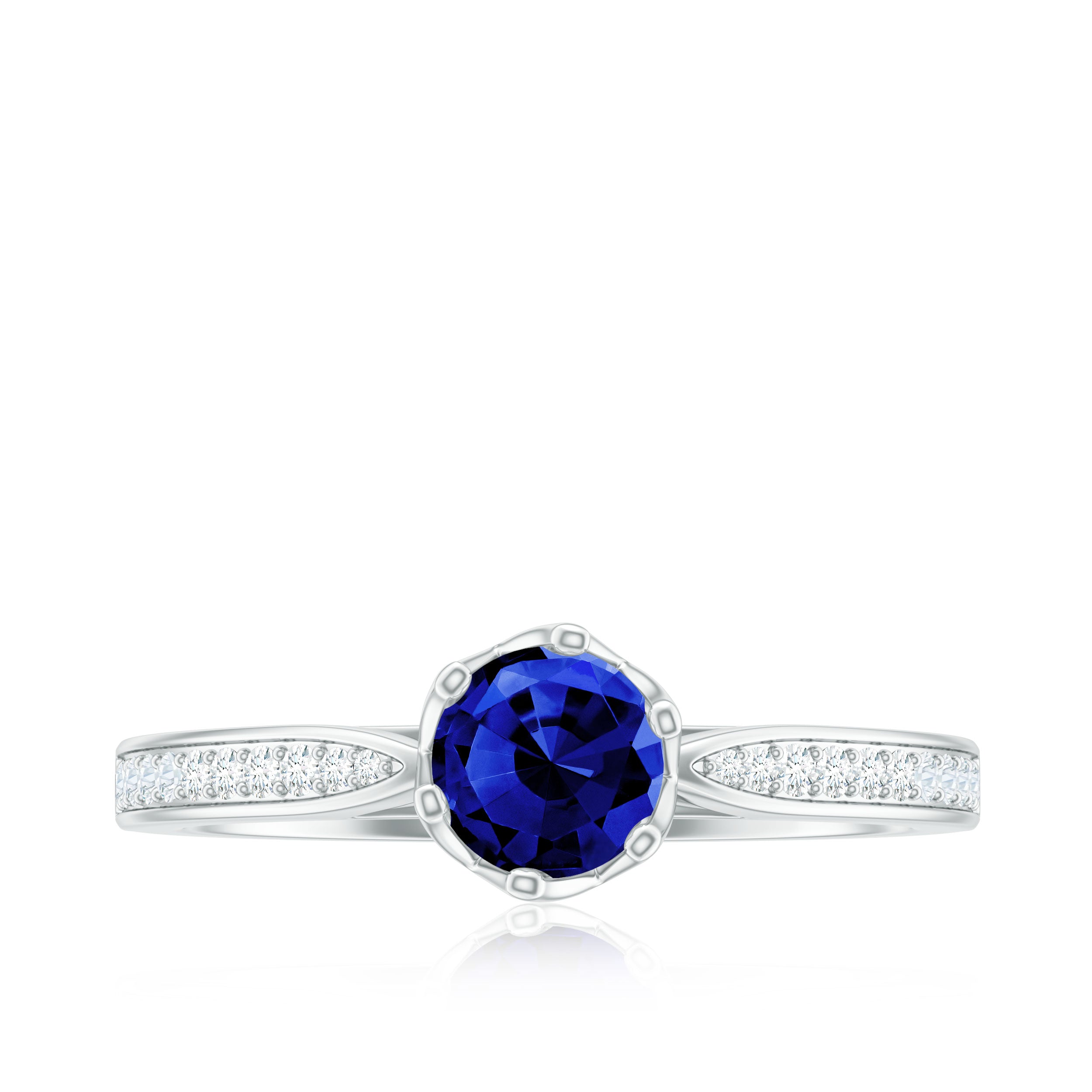 Certified Lab Created Blue Sapphire Minimal Engagement Ring with Diamond Side Stones AAAA - Rosec Jewels