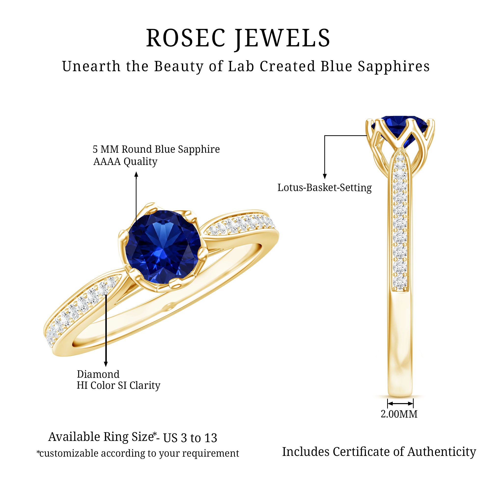 Certified Lab Created Blue Sapphire Minimal Engagement Ring with Diamond Side Stones AAAA - Rosec Jewels