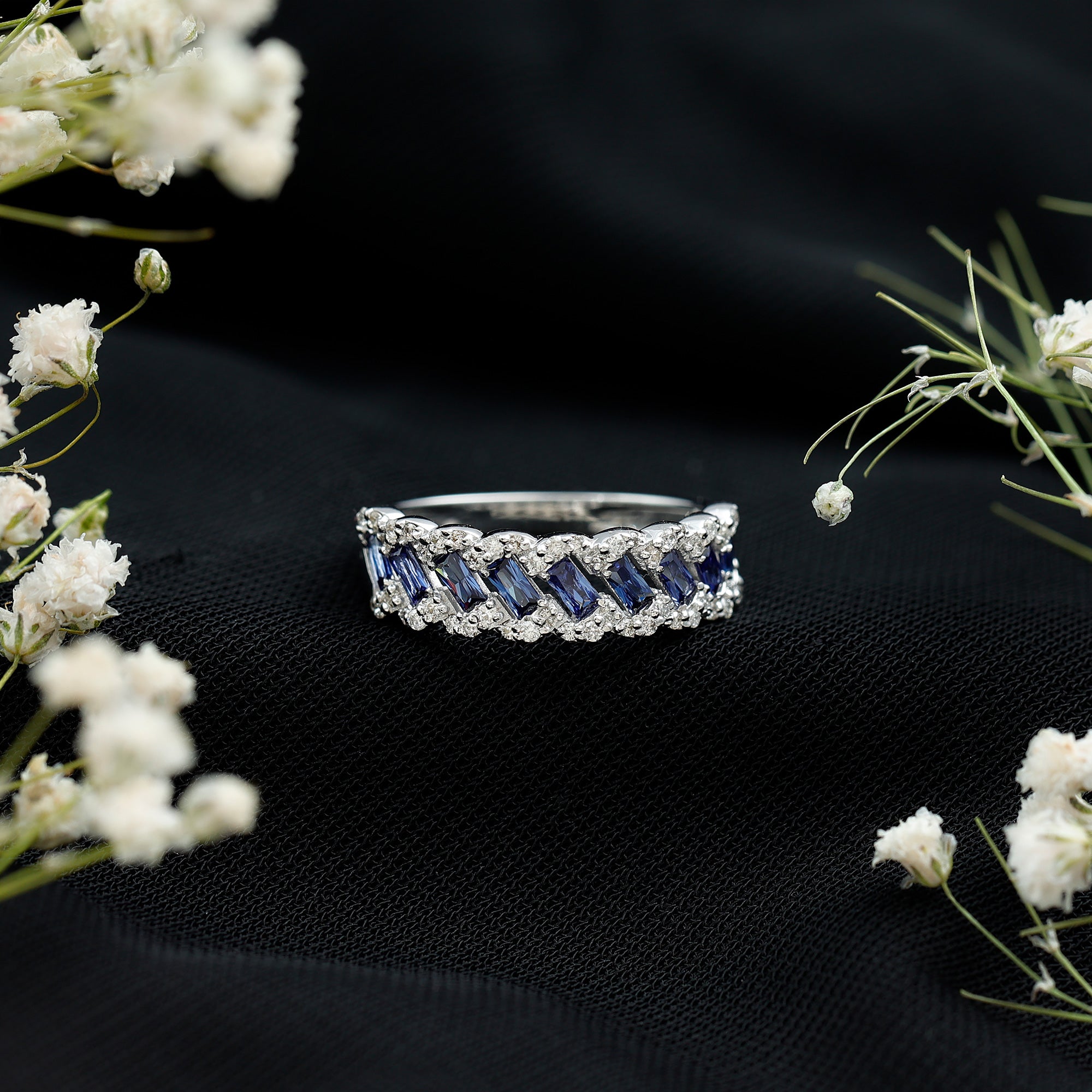 Certified Baguette Lab Grown Blue Sapphire Half Eternity Band with Diamond AAAA - Rosec Jewels