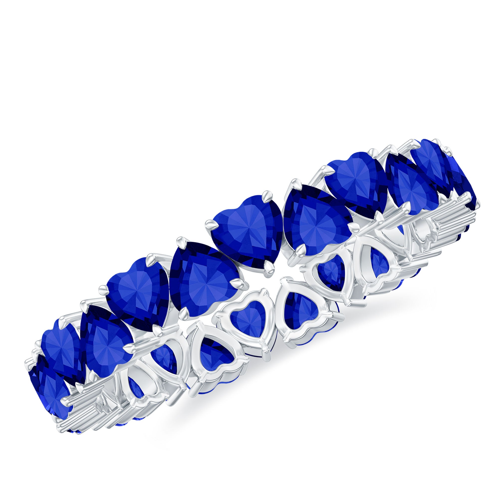 Claw Set Created Blue Sapphire Heart Eternity Band Ring in Gold