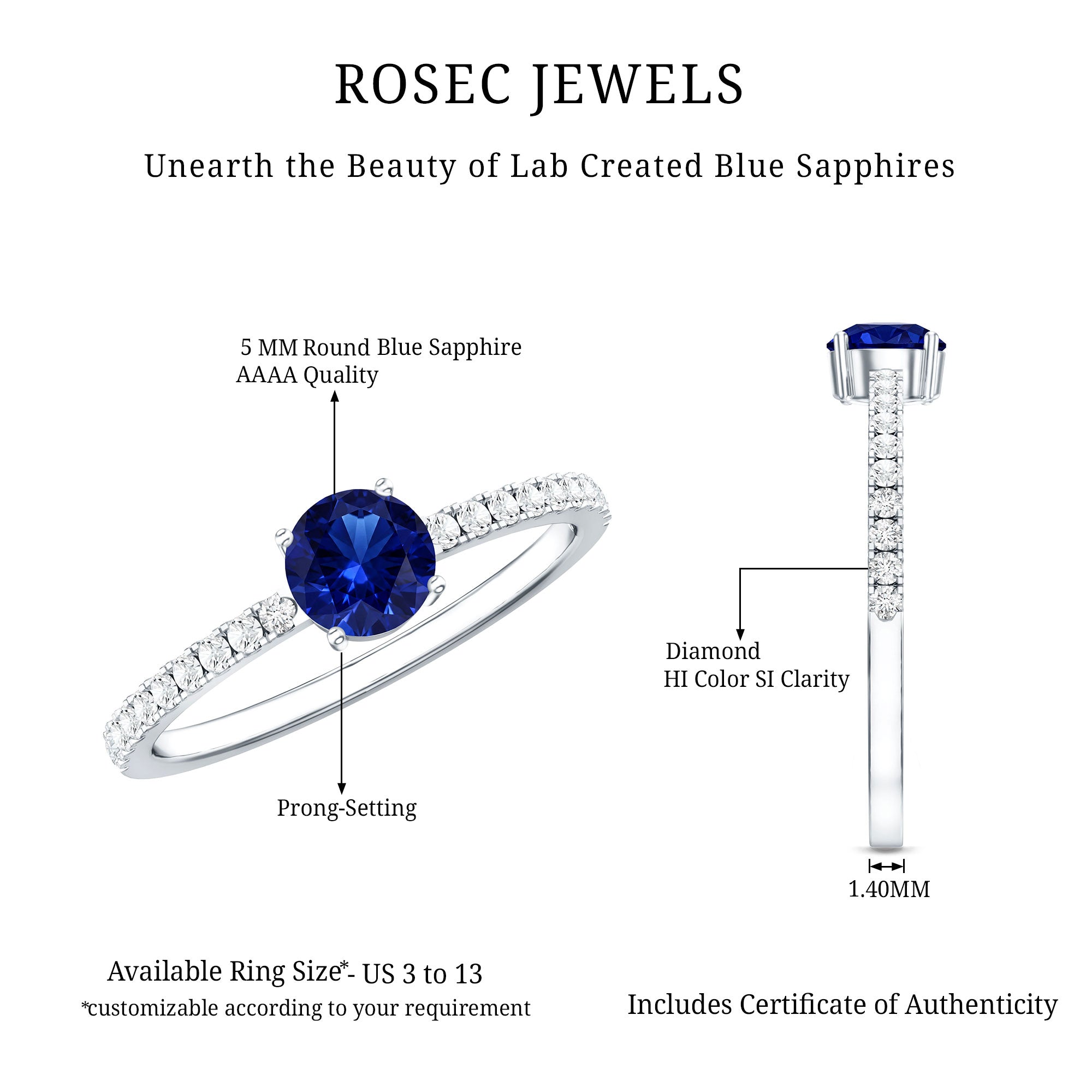5mm Lab Created Blue Sapphire Promise Ring with Diamond Side Stones AAAA - Rosec Jewels