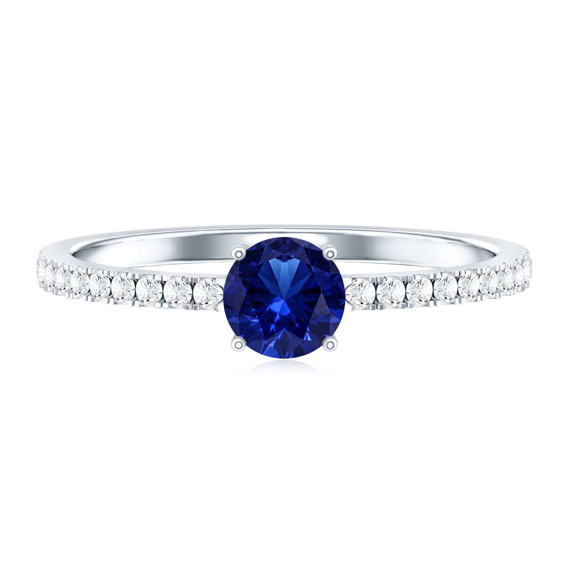 5mm Lab Created Blue Sapphire Promise Ring with Diamond Side Stones AAAA - Rosec Jewels