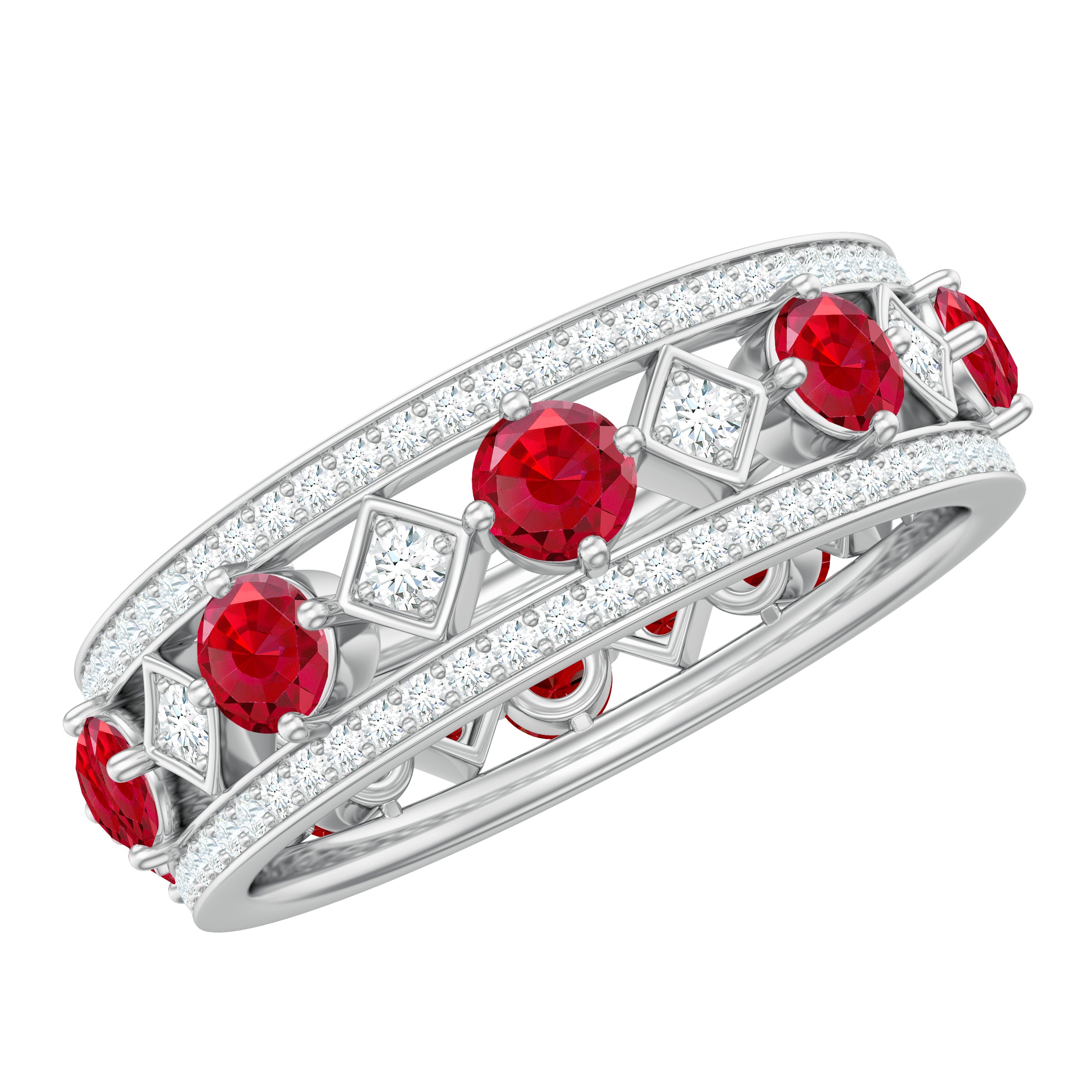 Lab Grown Ruby Vintage Wedding Band Ring With Moissanite