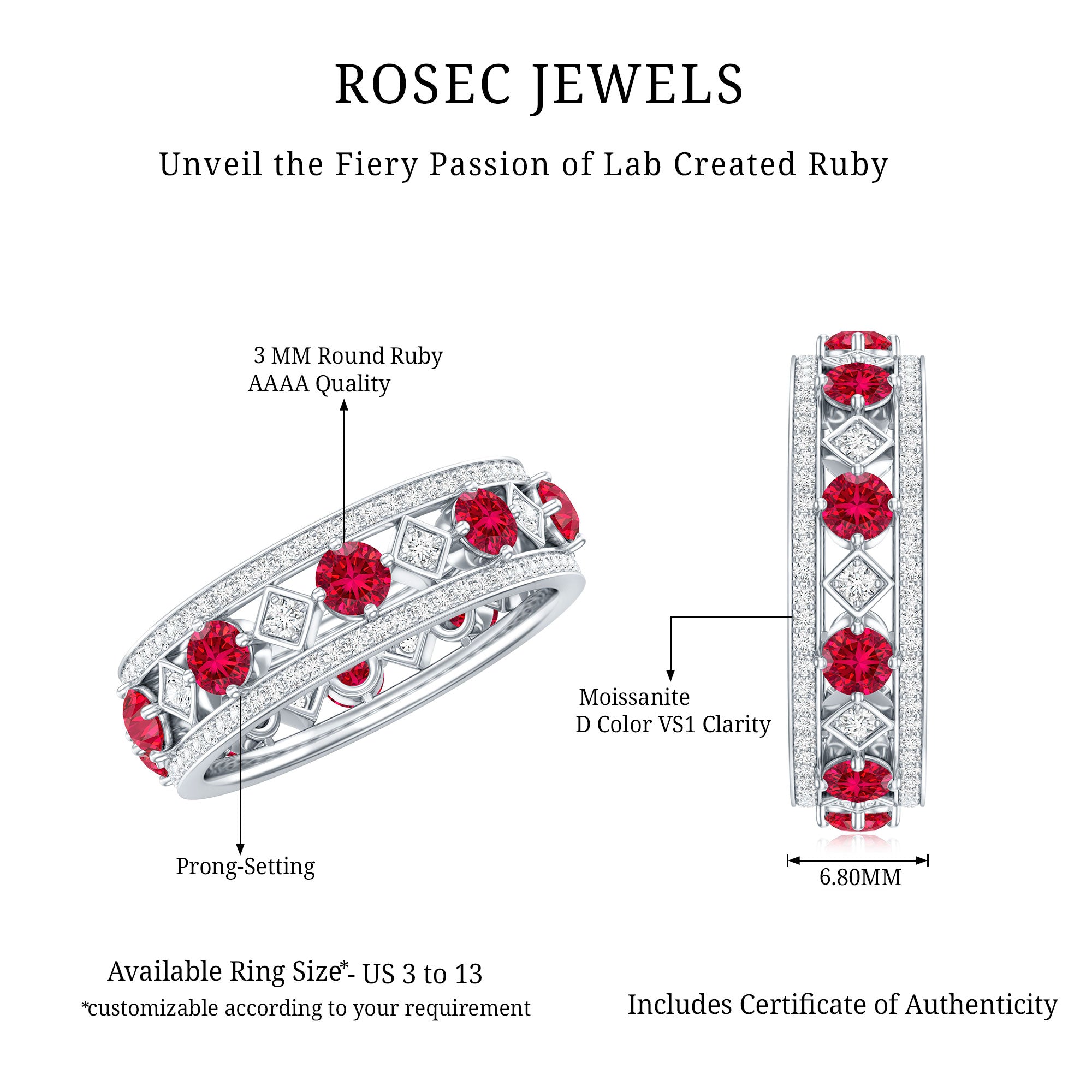 Lab Grown Ruby Vintage Wedding Band Ring With Moissanite AAAA - Rosec Jewels