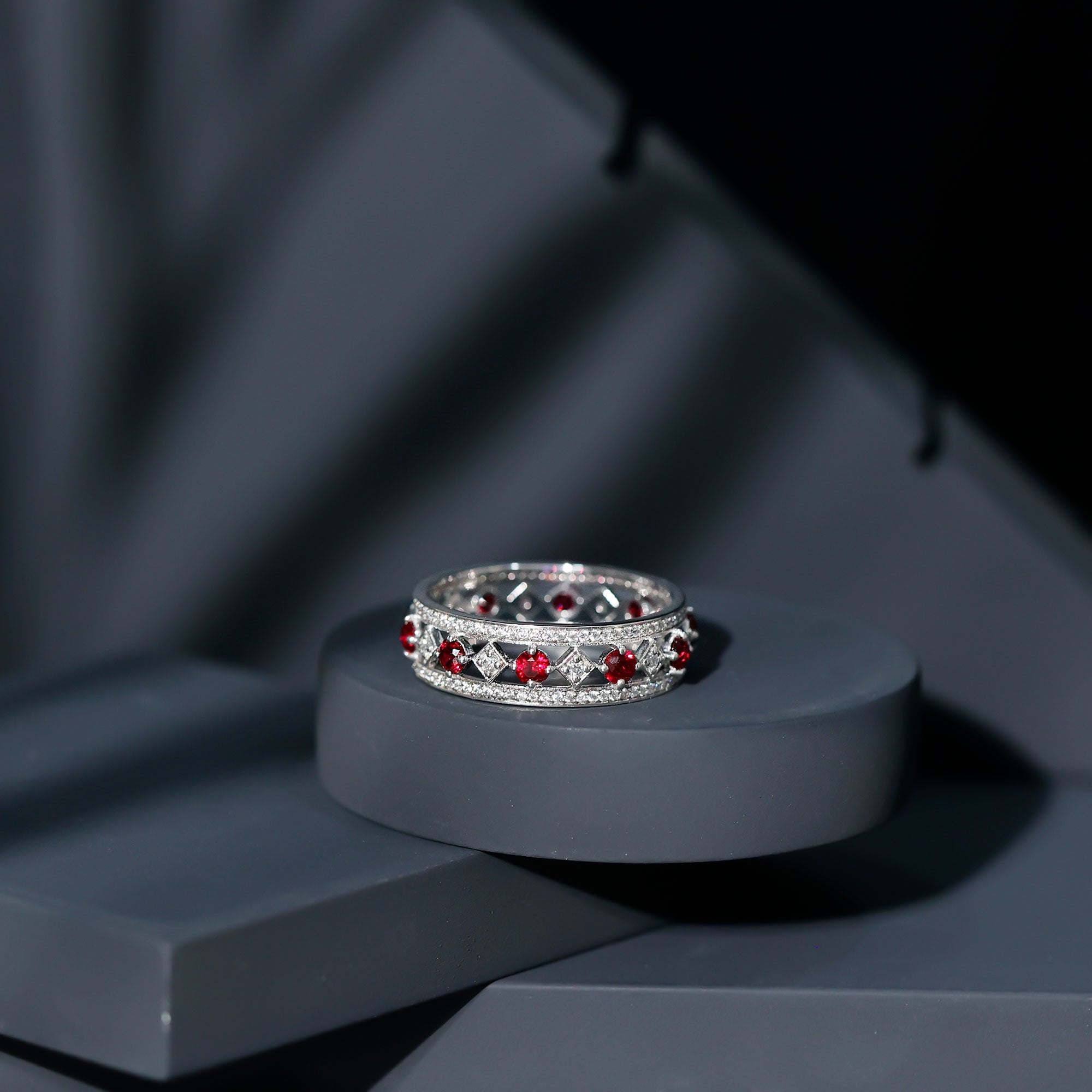 Lab Grown Ruby Vintage Wedding Band Ring With Moissanite AAAA - Rosec Jewels