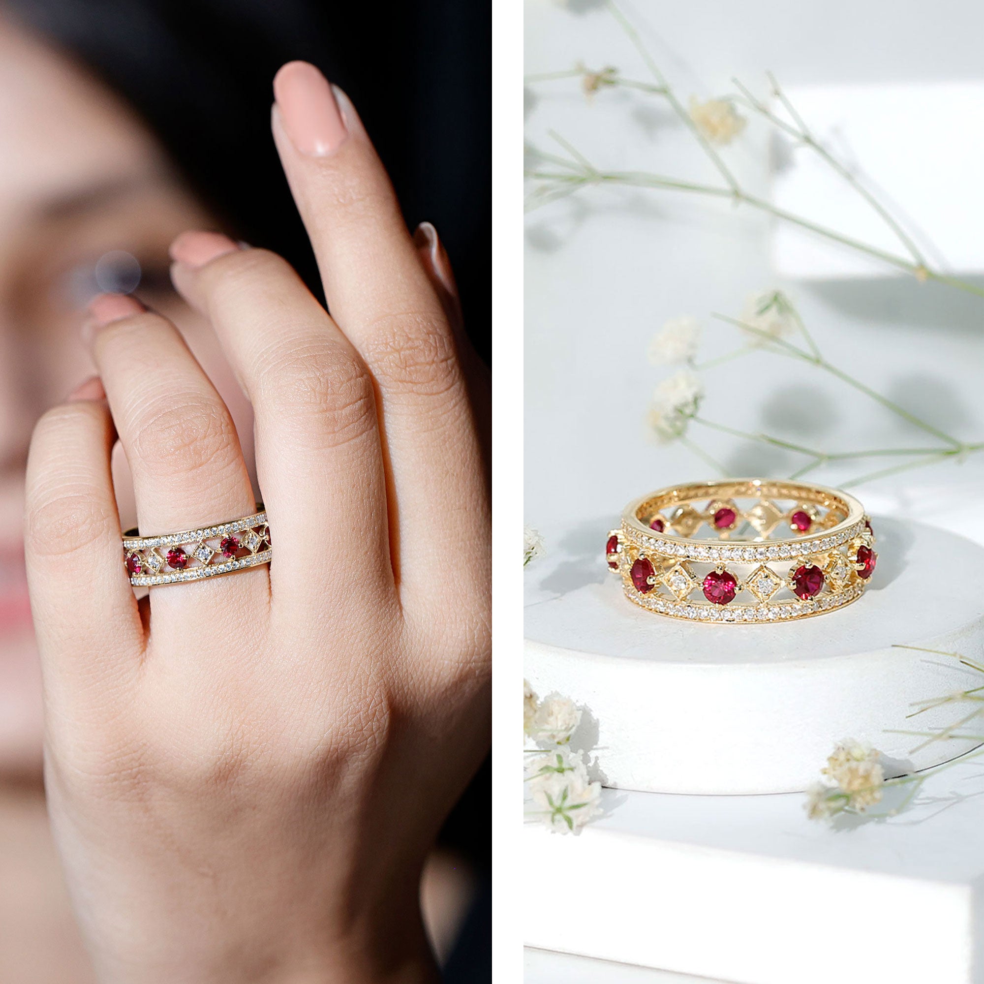 Lab Grown Ruby Vintage Wedding Band Ring With Moissanite AAAA - Rosec Jewels