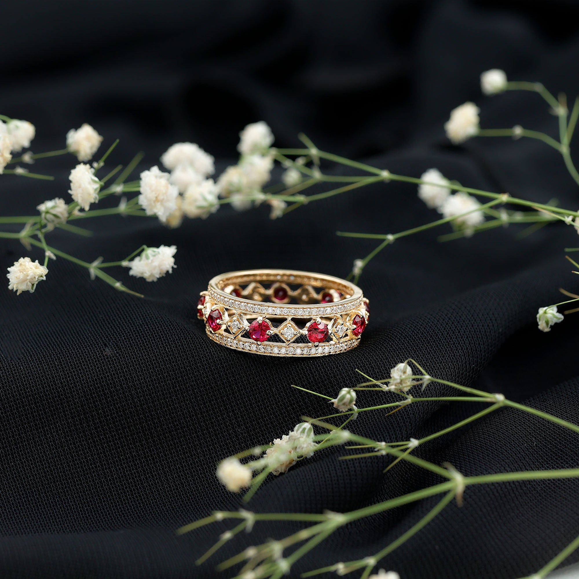 Lab Grown Ruby Vintage Wedding Band Ring With Moissanite AAAA - Rosec Jewels