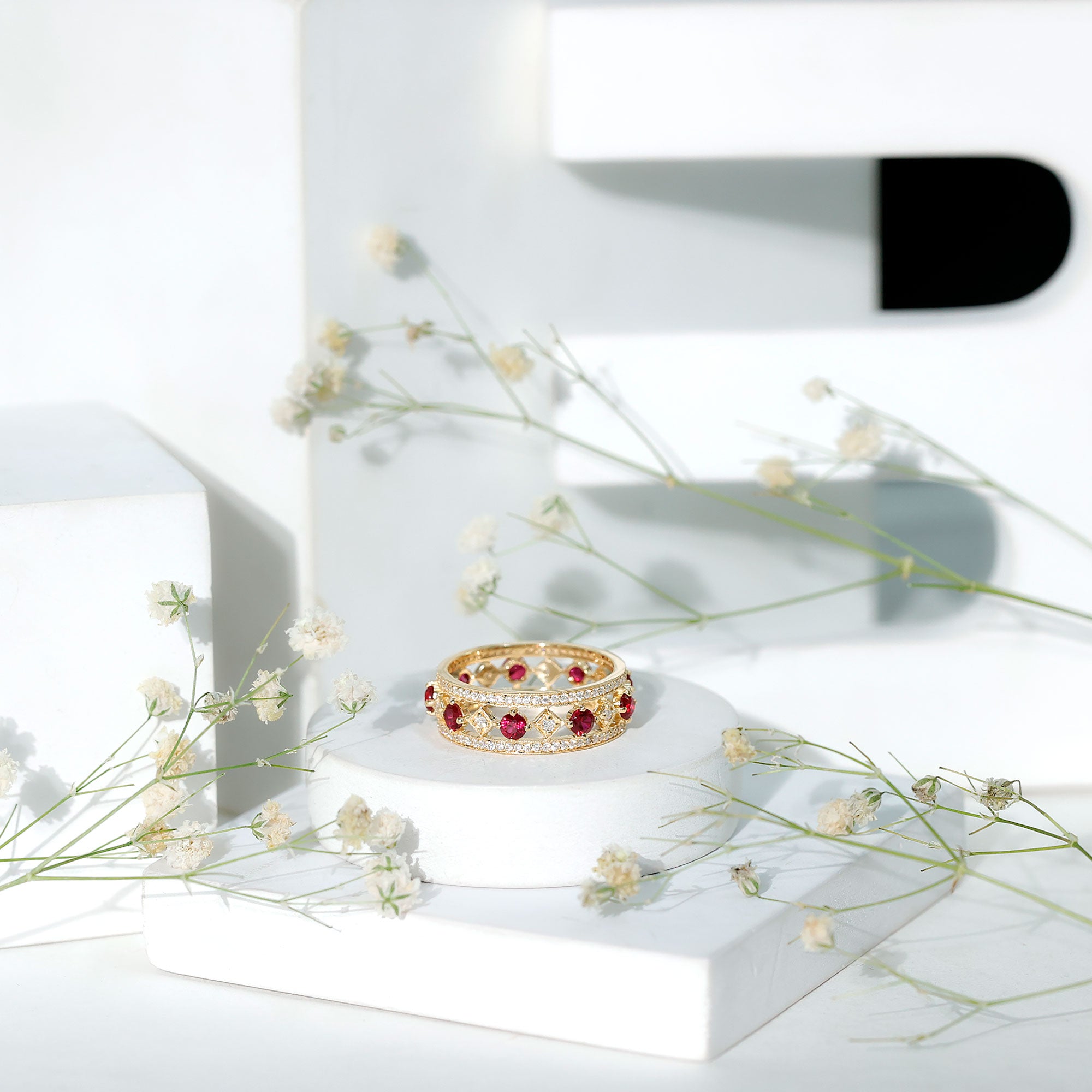 Lab Grown Ruby Vintage Wedding Band Ring With Moissanite AAAA - Rosec Jewels