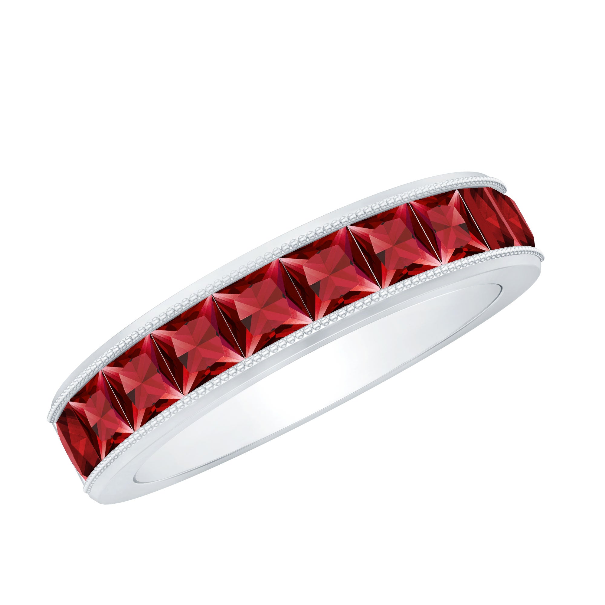 Channel Set Lab Grown Ruby Princess Cut Eternity Band with Milgrain