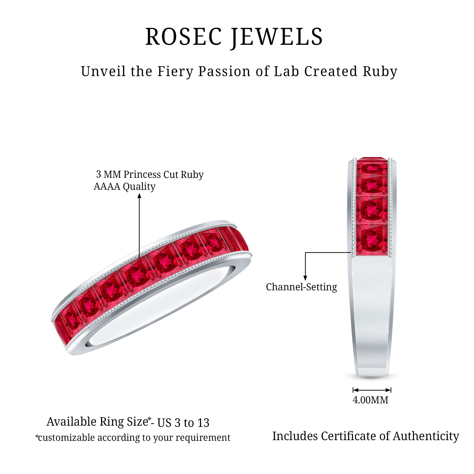 Channel Set Lab Grown Ruby Princess Cut Eternity Band with Milgrain AAAA - Rosec Jewels