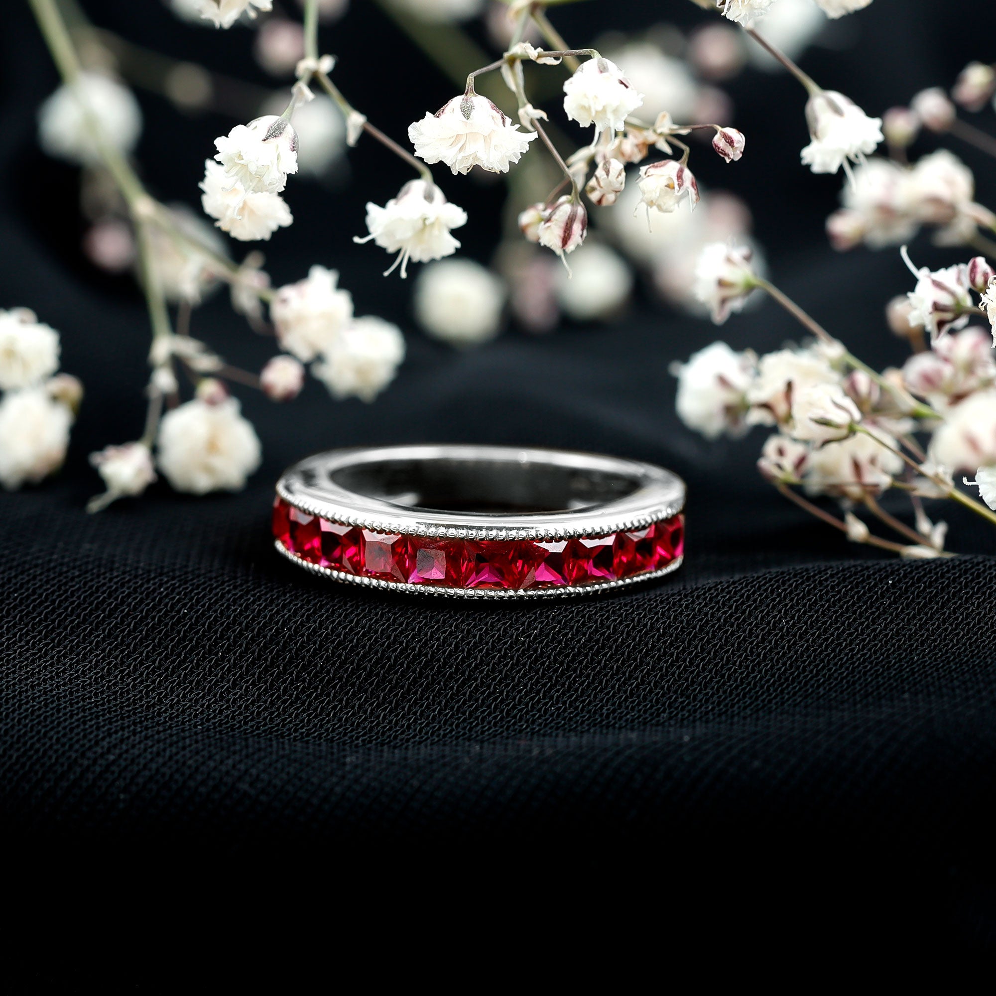Channel Set Lab Grown Ruby Princess Cut Eternity Band with Milgrain AAAA - Rosec Jewels