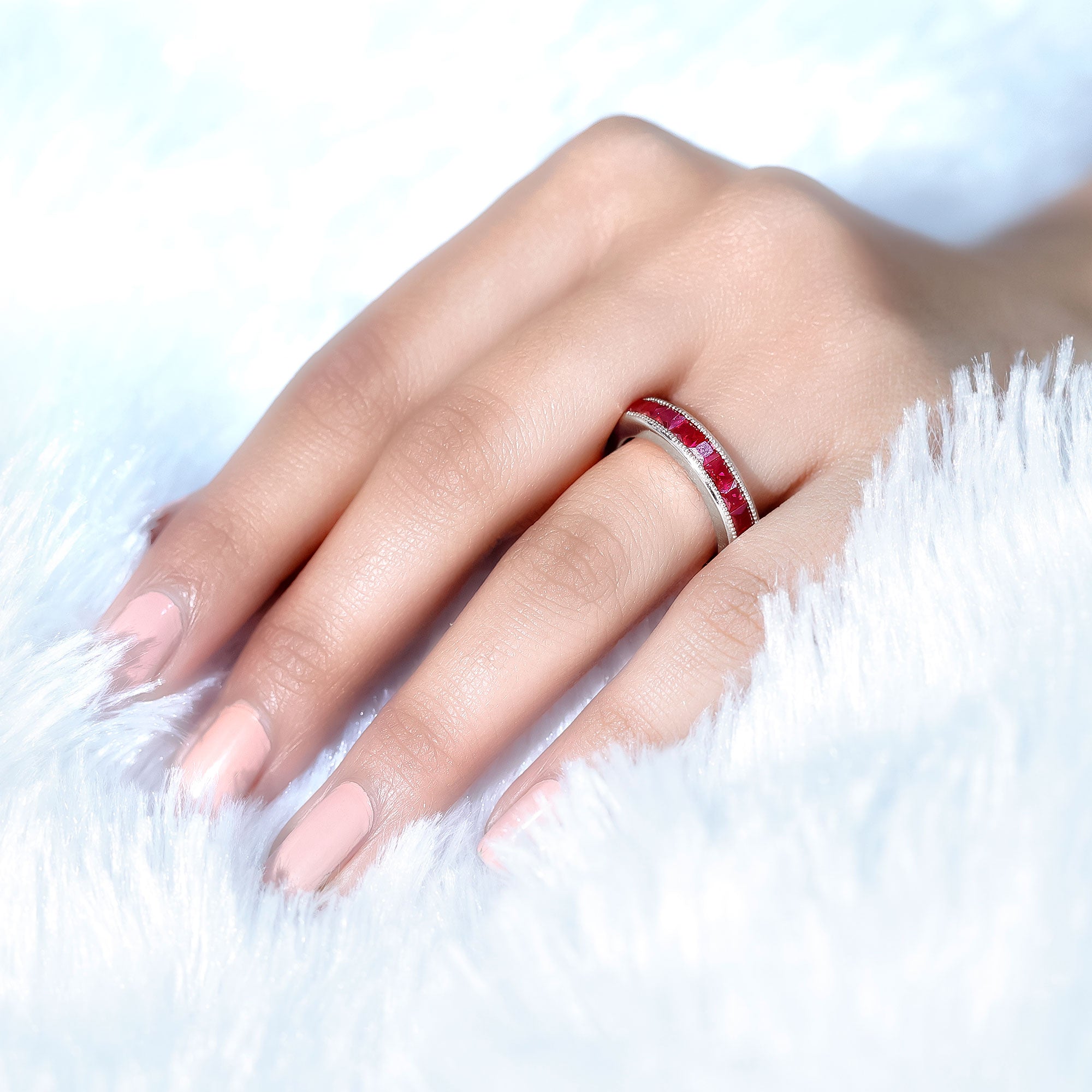 Channel Set Lab Grown Ruby Princess Cut Eternity Band with Milgrain AAAA - Rosec Jewels