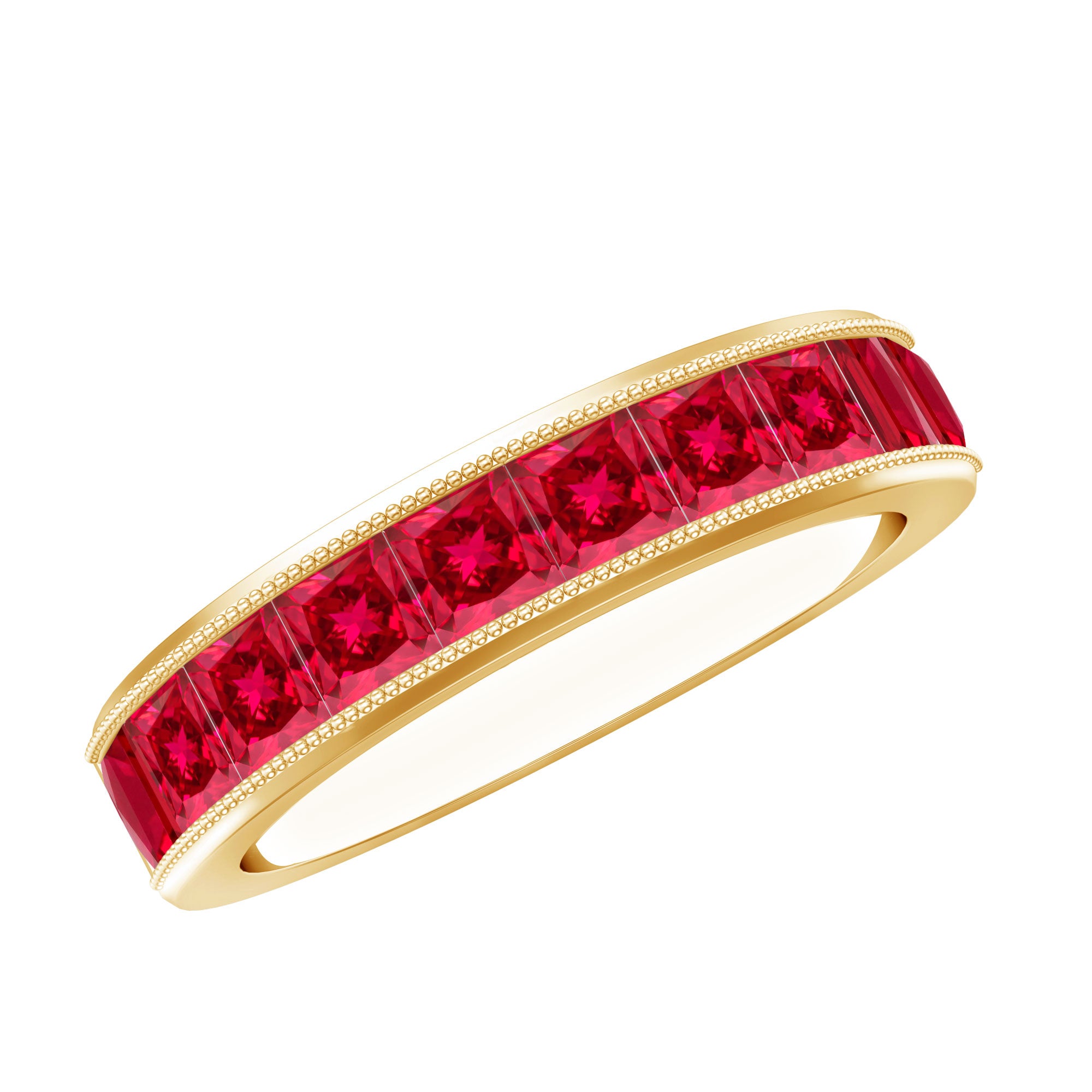 Channel Set Lab Grown Ruby Princess Cut Eternity Band with Milgrain AAAA - Rosec Jewels