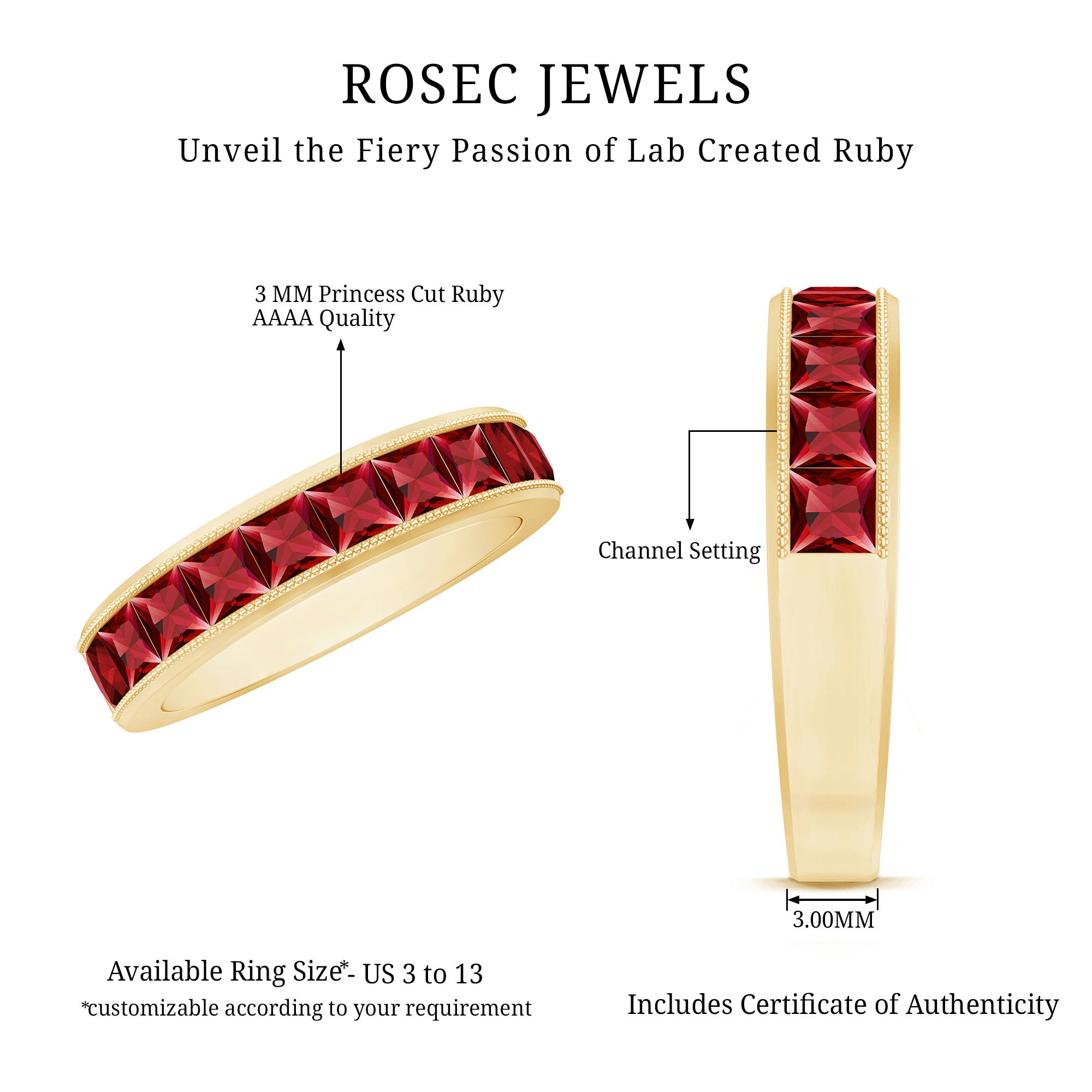 Channel Set Lab Grown Ruby Princess Cut Eternity Band with Milgrain AAAA - Rosec Jewels