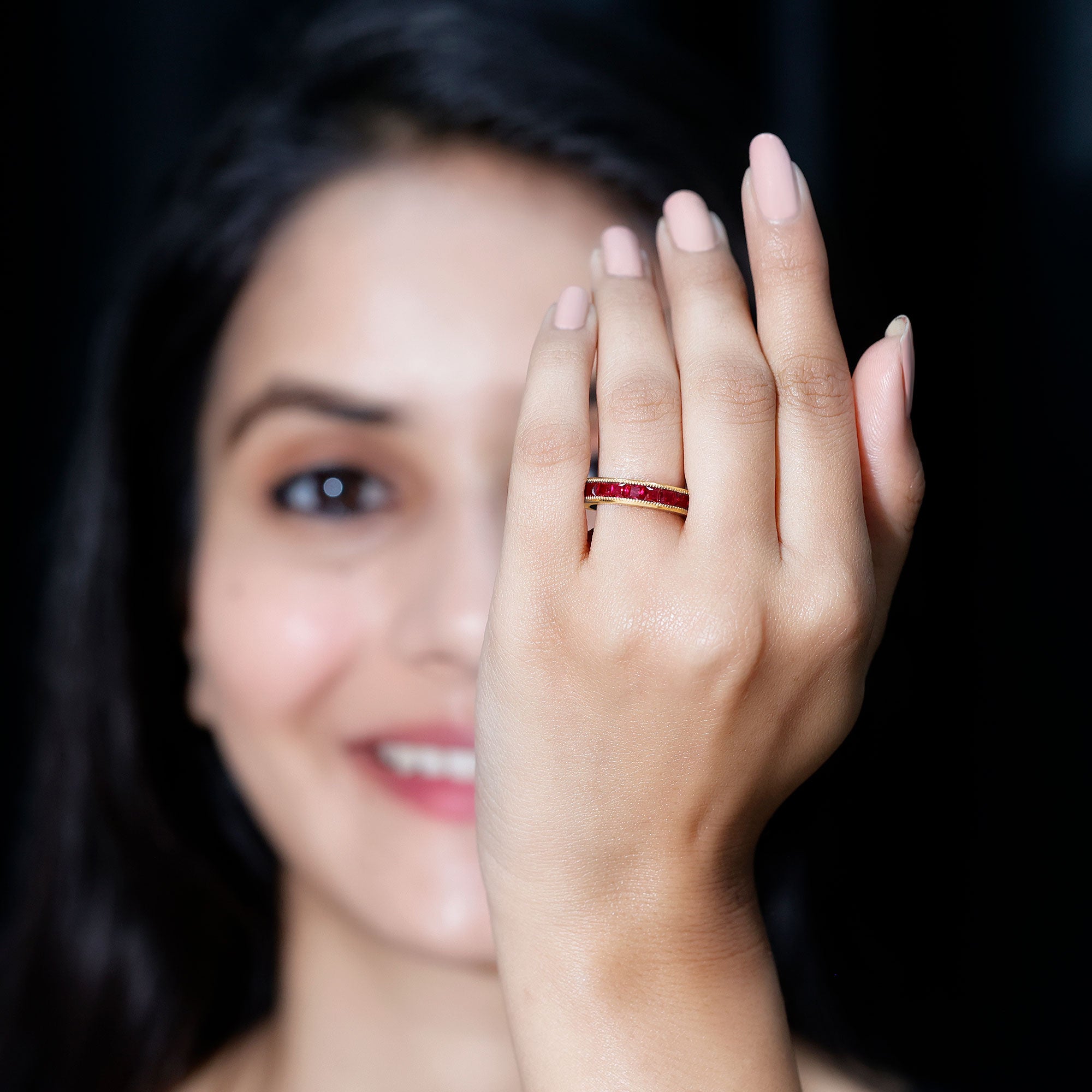 Channel Set Lab Grown Ruby Princess Cut Eternity Band with Milgrain AAAA - Rosec Jewels