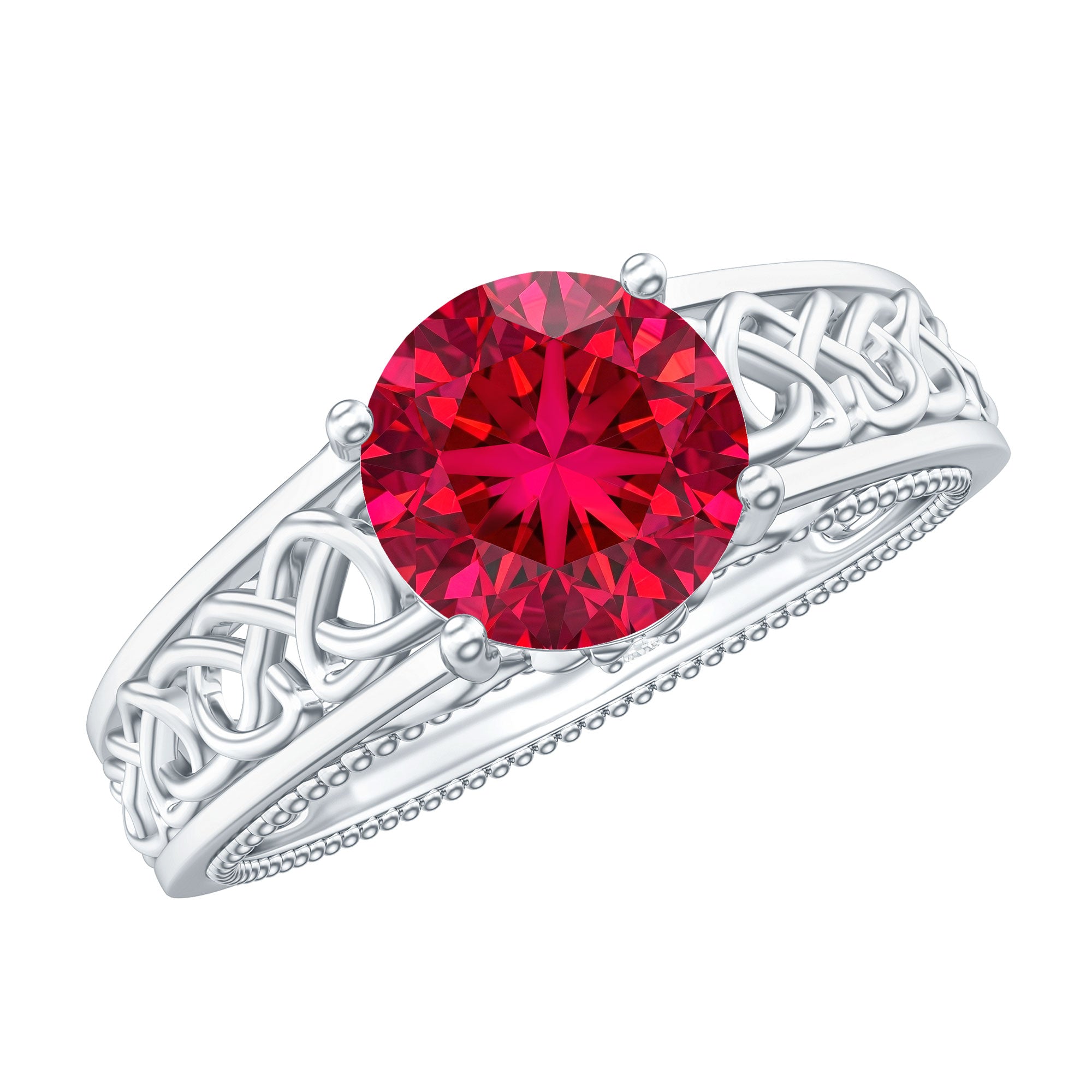 Vintage Style Created Ruby Celtic Knot Band Ring with Surprise Diamond AAAA - Rosec Jewels