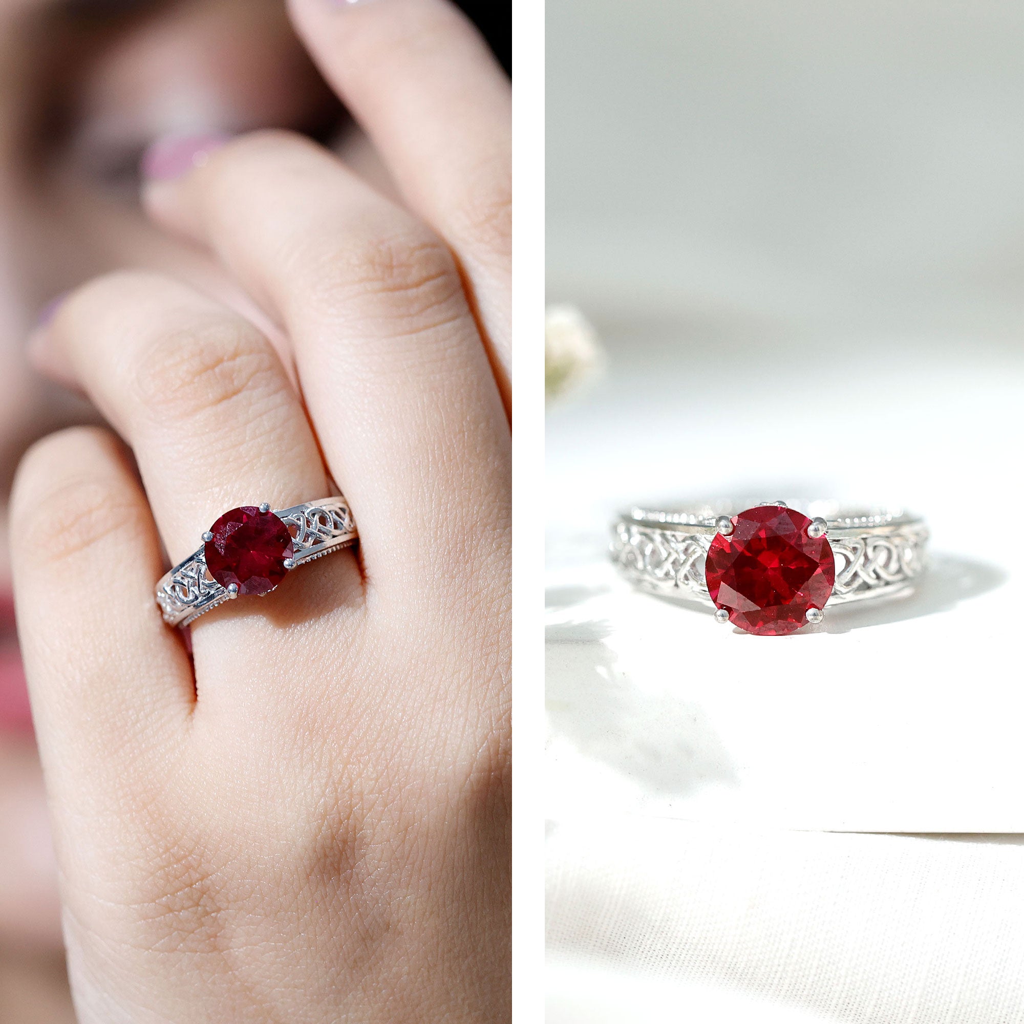 Vintage Style Created Ruby Celtic Knot Band Ring with Surprise Diamond AAAA - Rosec Jewels