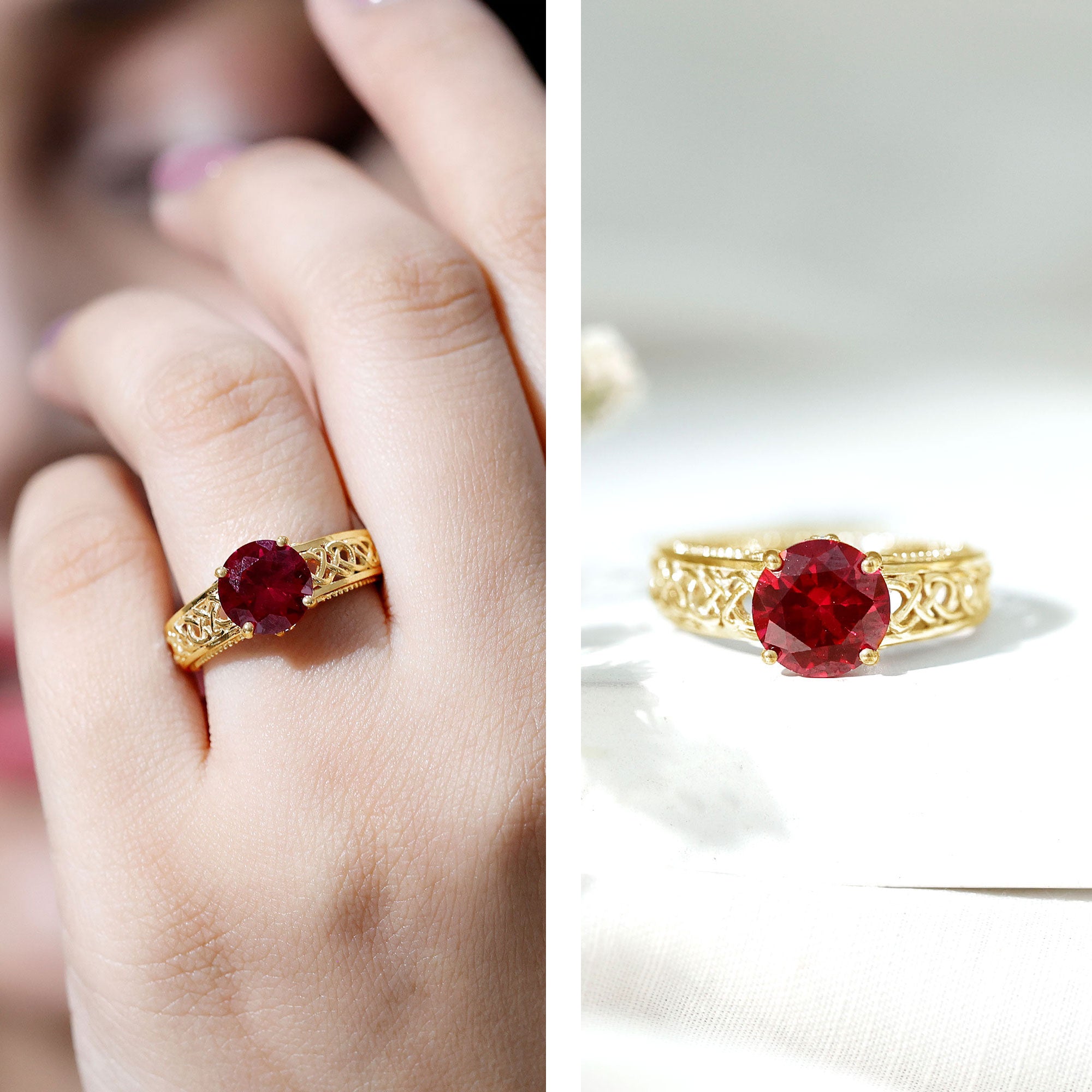 Vintage Style Created Ruby Celtic Knot Band Ring with Surprise Diamond AAAA - Rosec Jewels