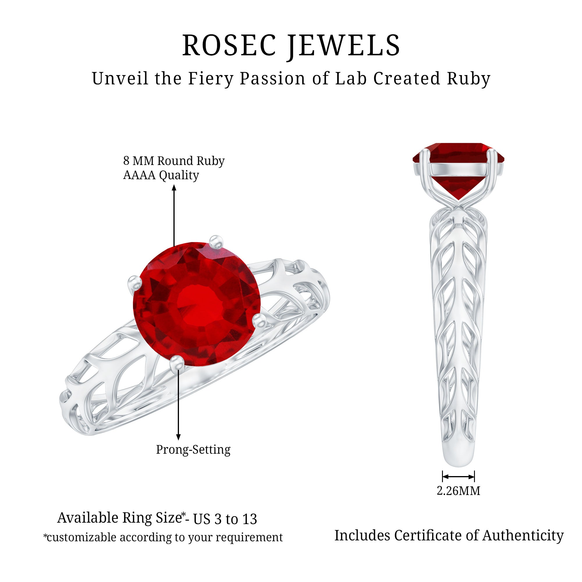 7 MM Lab Created Ruby Solitaire Gold Filigree Ring AAAA - Rosec Jewels