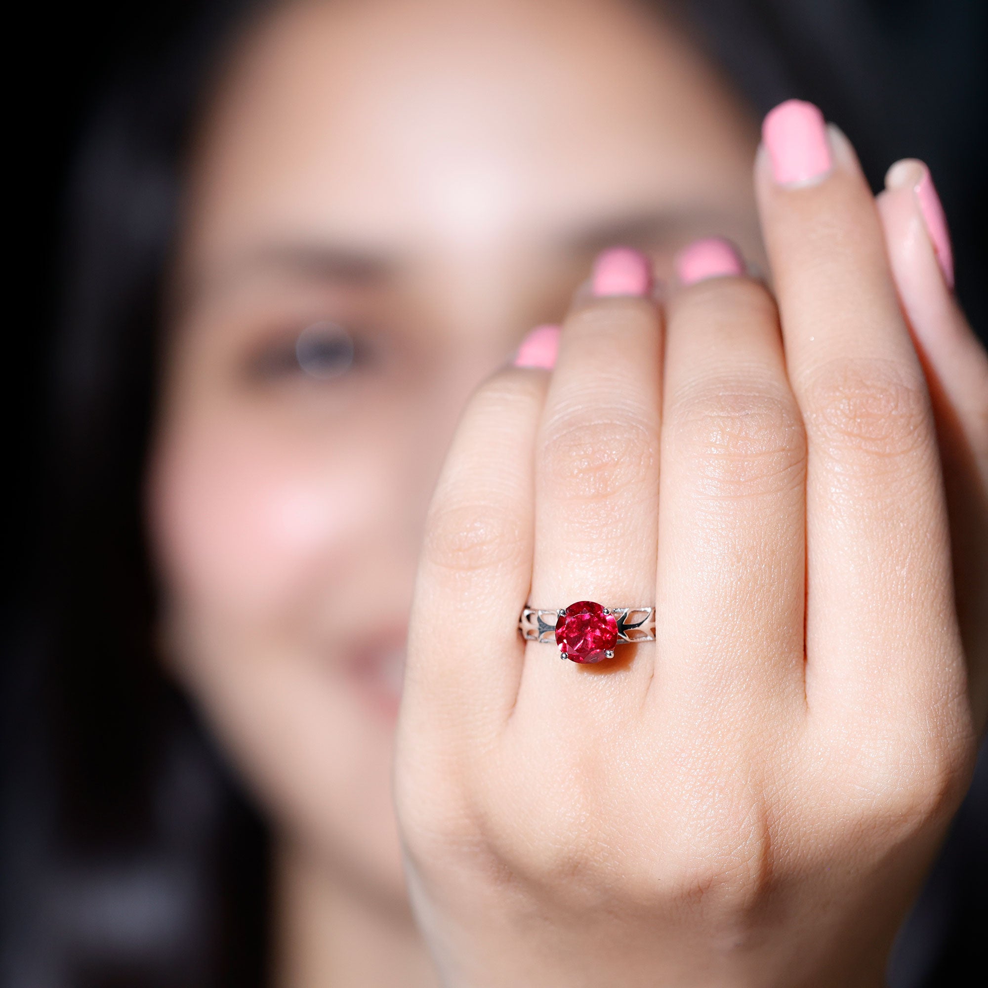7 MM Lab Created Ruby Solitaire Gold Filigree Ring AAAA - Rosec Jewels