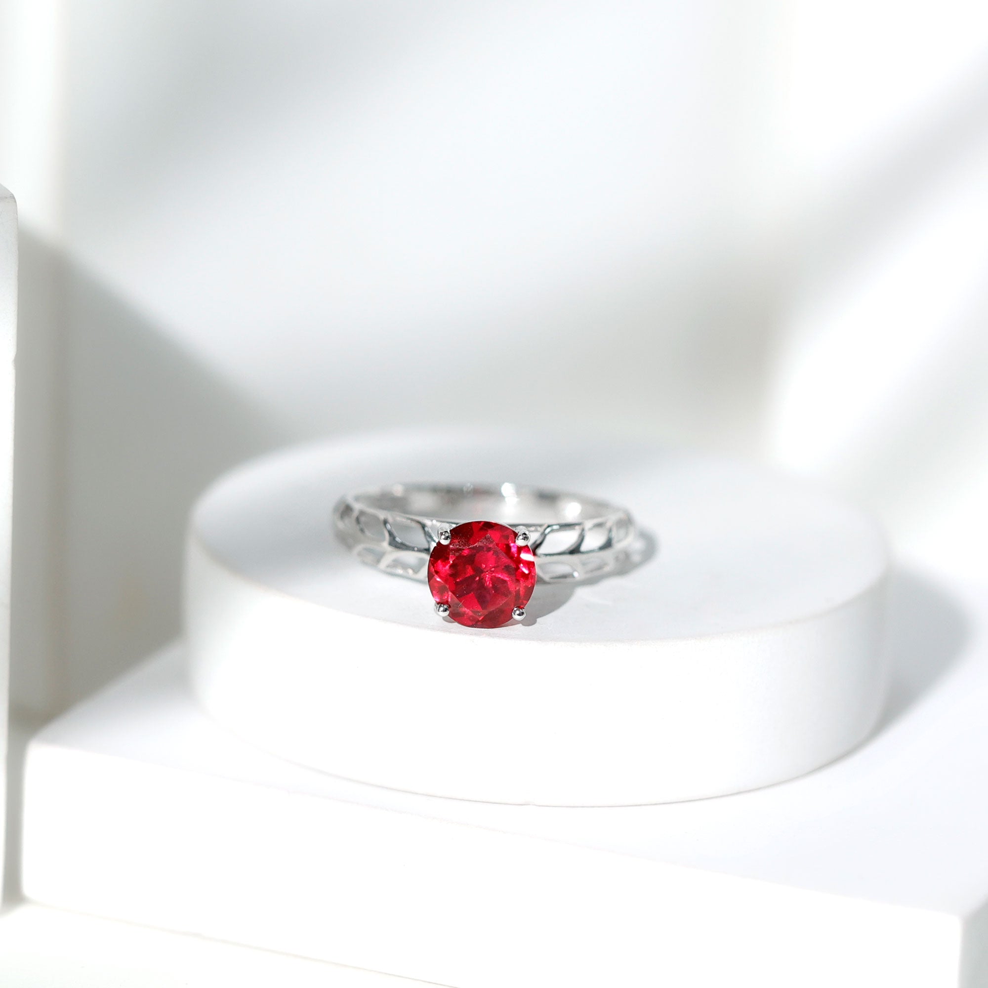 Rosec Jewels-7 MM Lab Created Ruby Solitaire Gold Filigree Ring