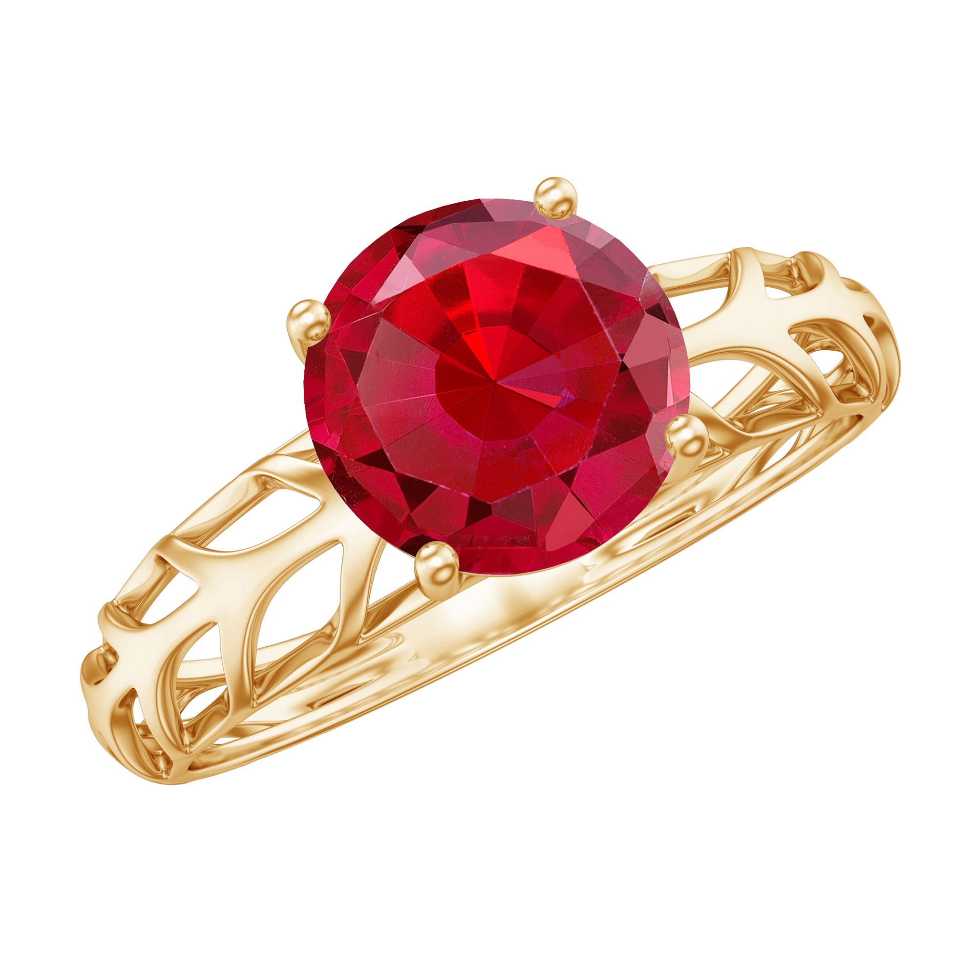 Rosec Jewels-7 MM Lab Created Ruby Solitaire Gold Filigree Ring