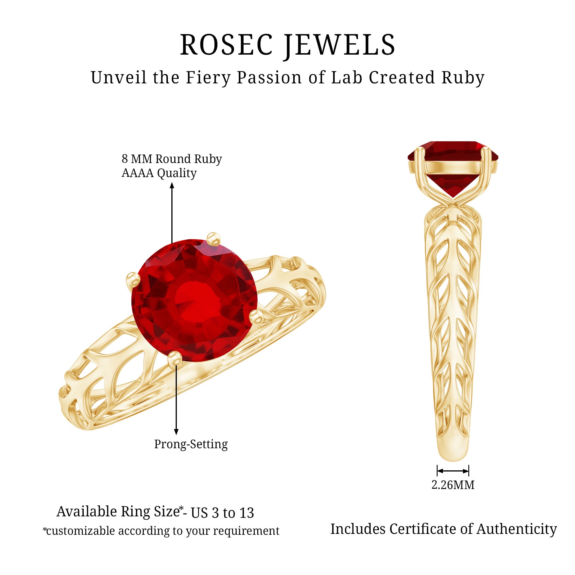 7 MM Lab Created Ruby Solitaire Gold Filigree Ring AAAA - Rosec Jewels