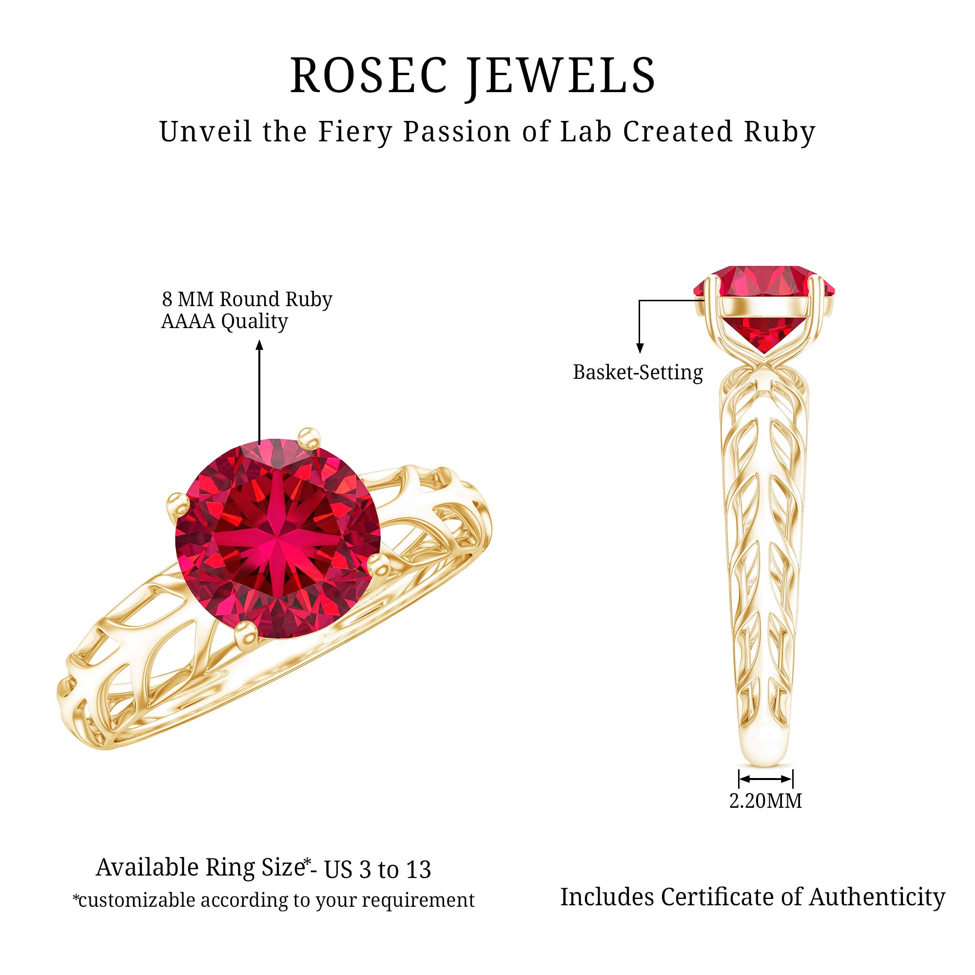 2.3 Carat Lab Created Ruby Solitaire Engagement Ring with Filigree Design AAAA - Rosec Jewels
