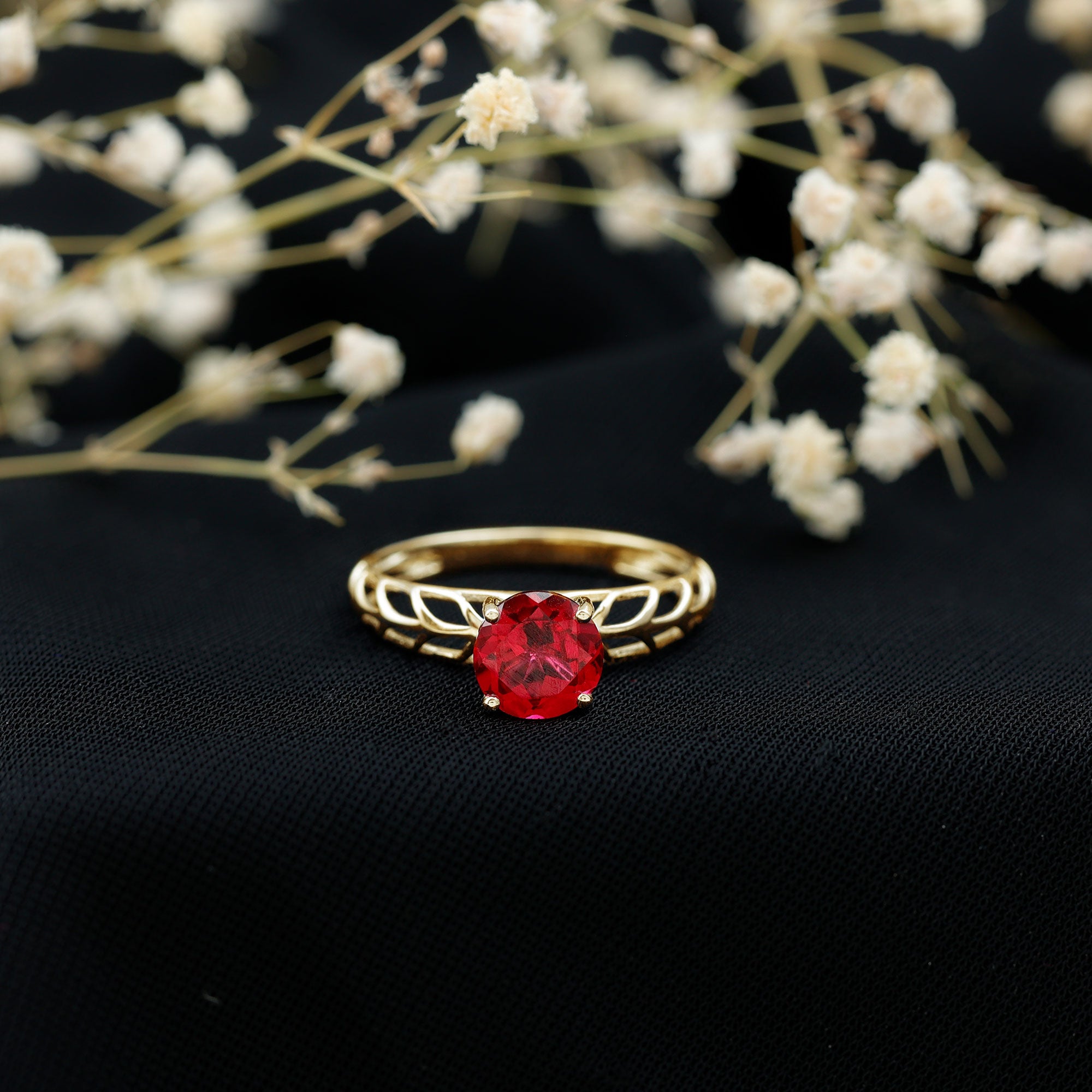 Rosec Jewels-7 MM Lab Created Ruby Solitaire Gold Filigree Ring