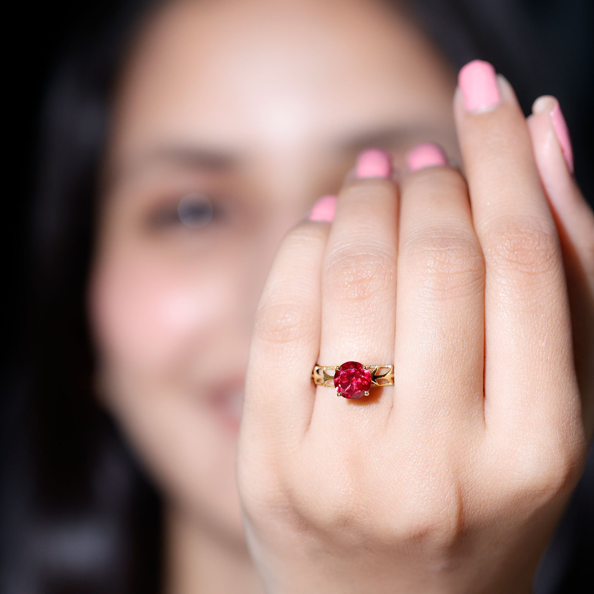 7 MM Lab Created Ruby Solitaire Gold Filigree Ring AAAA - Rosec Jewels