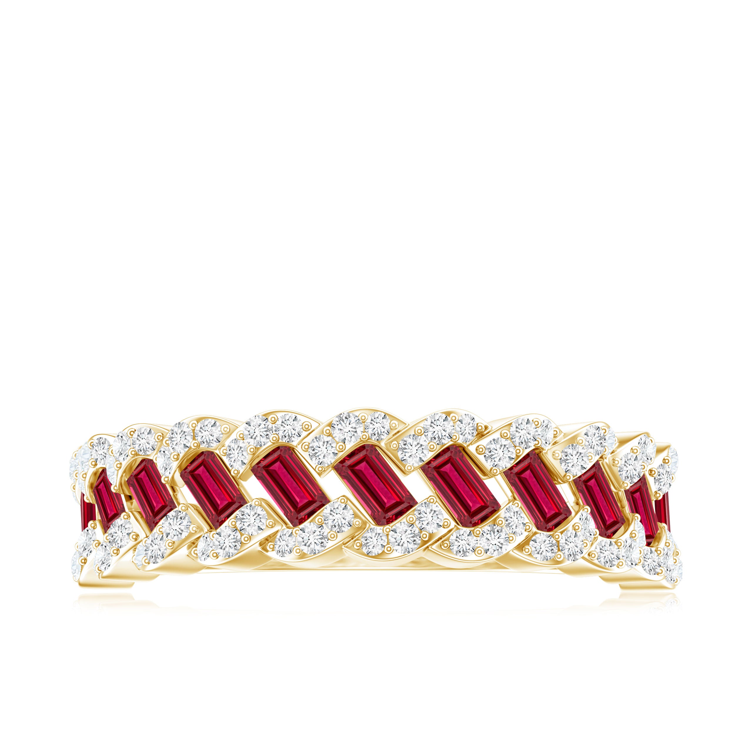 Rosec Jewels-Baguette Created Ruby Braided Eternity Band Ring with Diamond