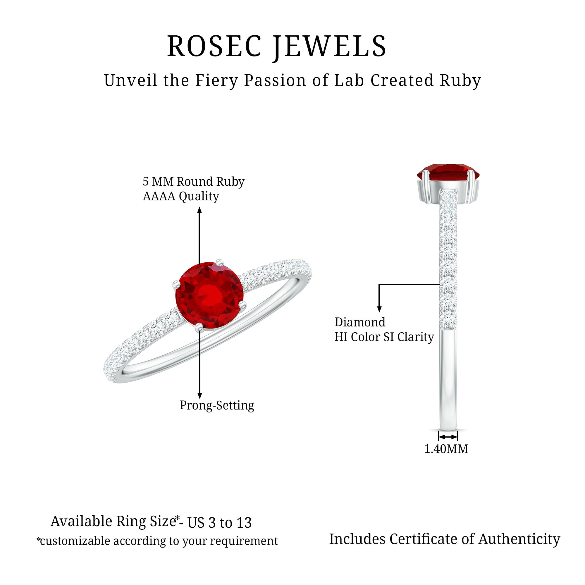 Round Lab Created Ruby Solitaire Promise Ring with Diamond AAAA - Rosec Jewels
