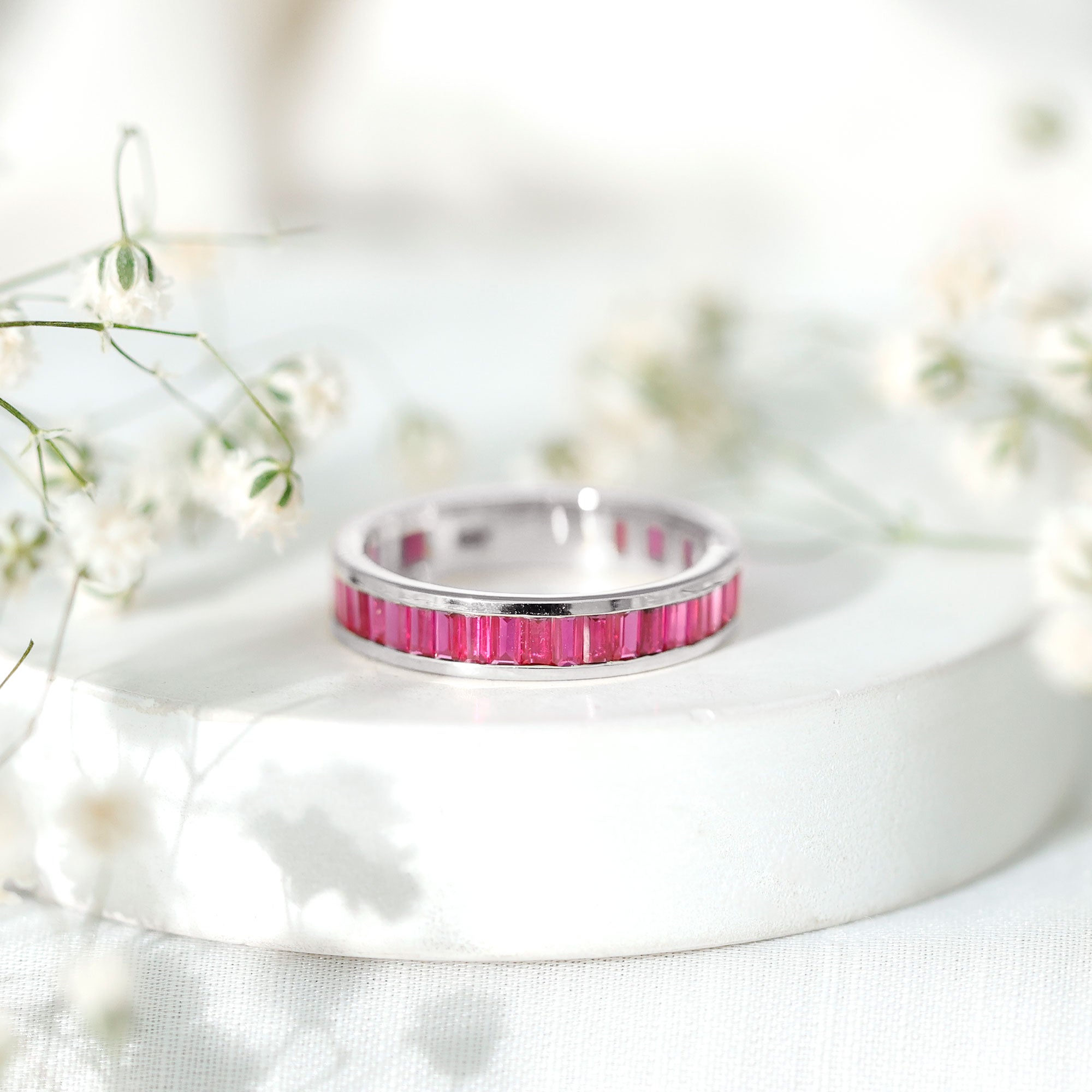 Certified Lab Grown Ruby Baguette Eternity Band for Women AAAA - Rosec Jewels