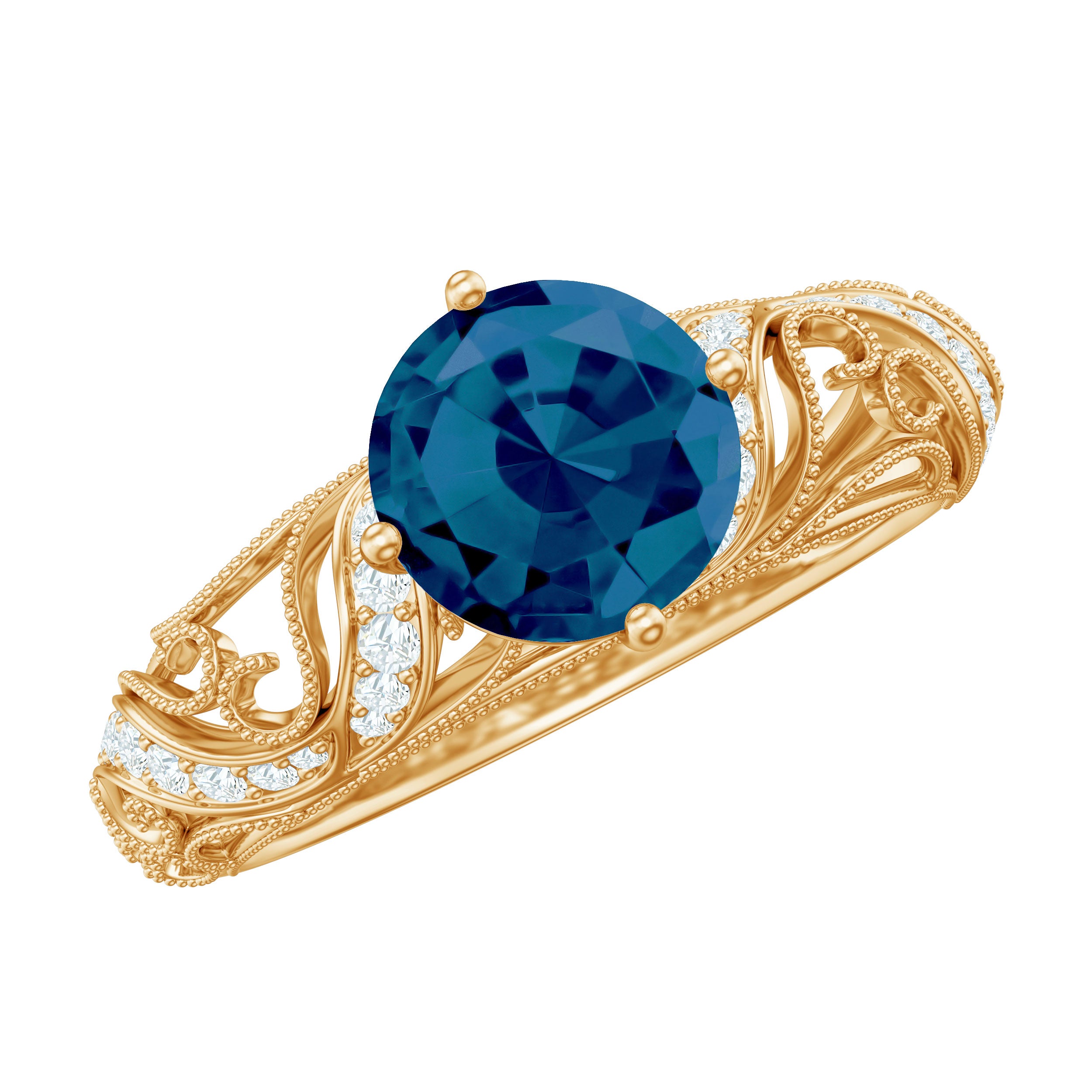 London Blue Topaz and Diamond Vintage Inspired Engagement Ring AAA - Rosec Jewels