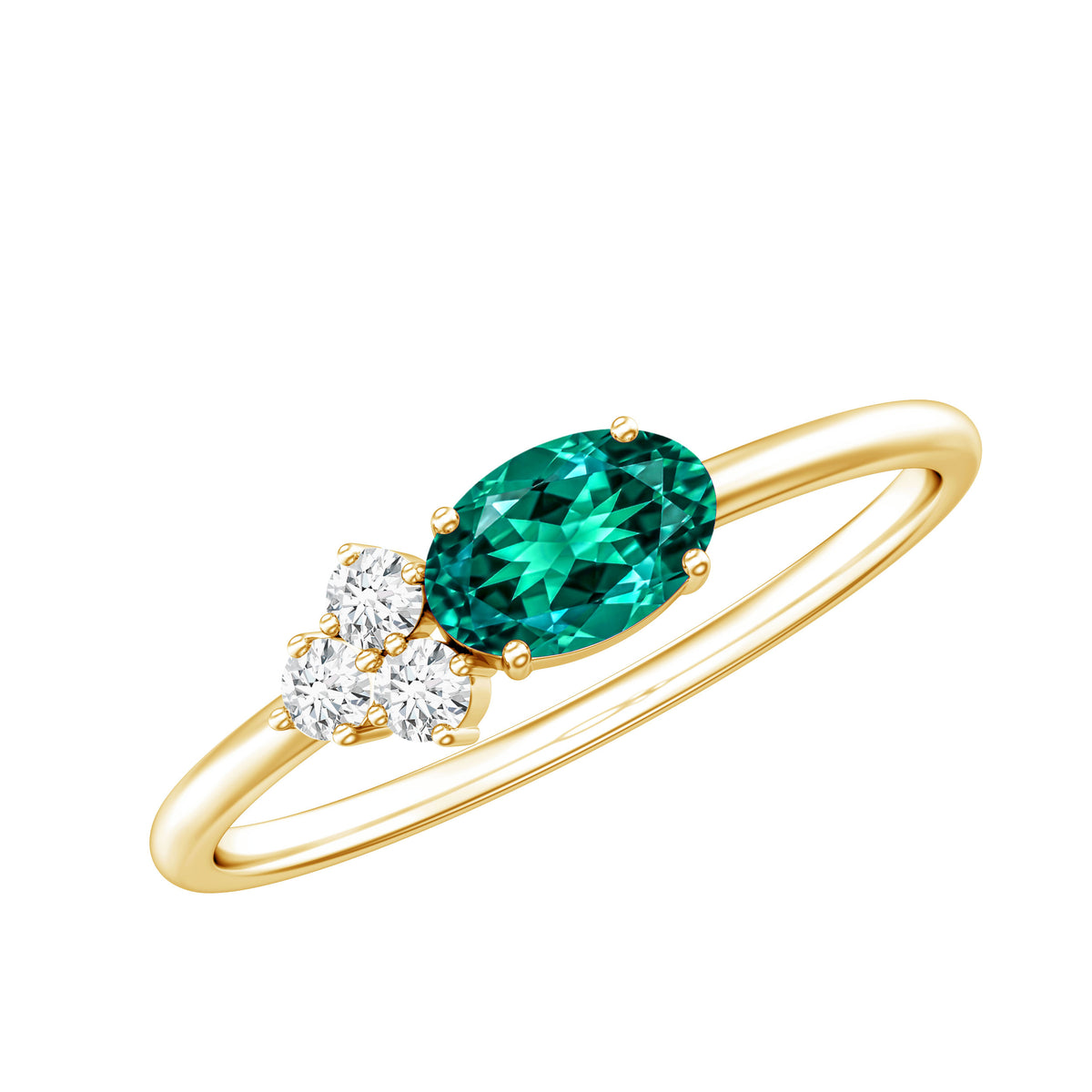 East West Style Oval Lab Grown Emerald Promise Ring with Diamond Trio AAAA - Rosec Jewels