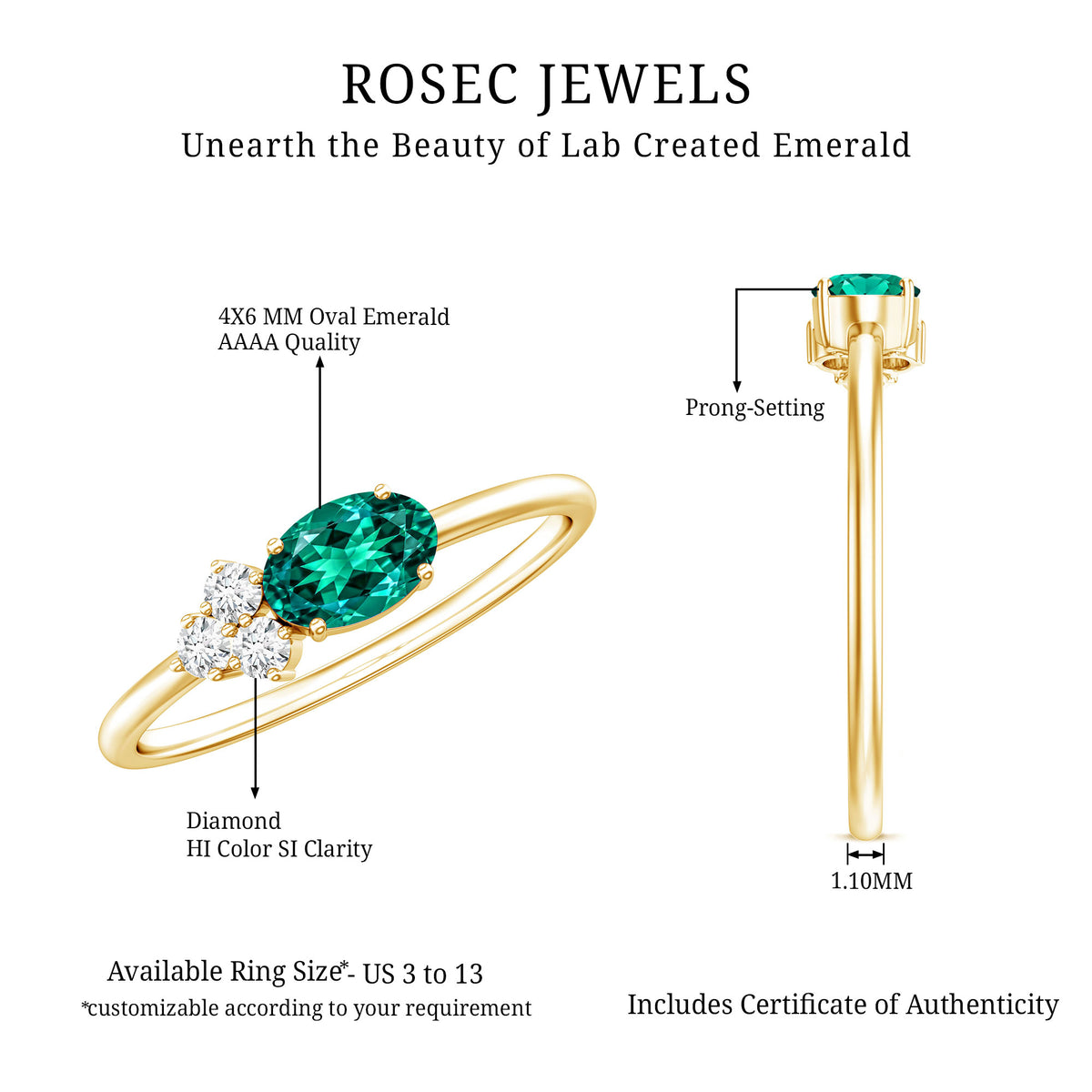 East West Style Oval Lab Grown Emerald Promise Ring with Diamond Trio AAAA - Rosec Jewels